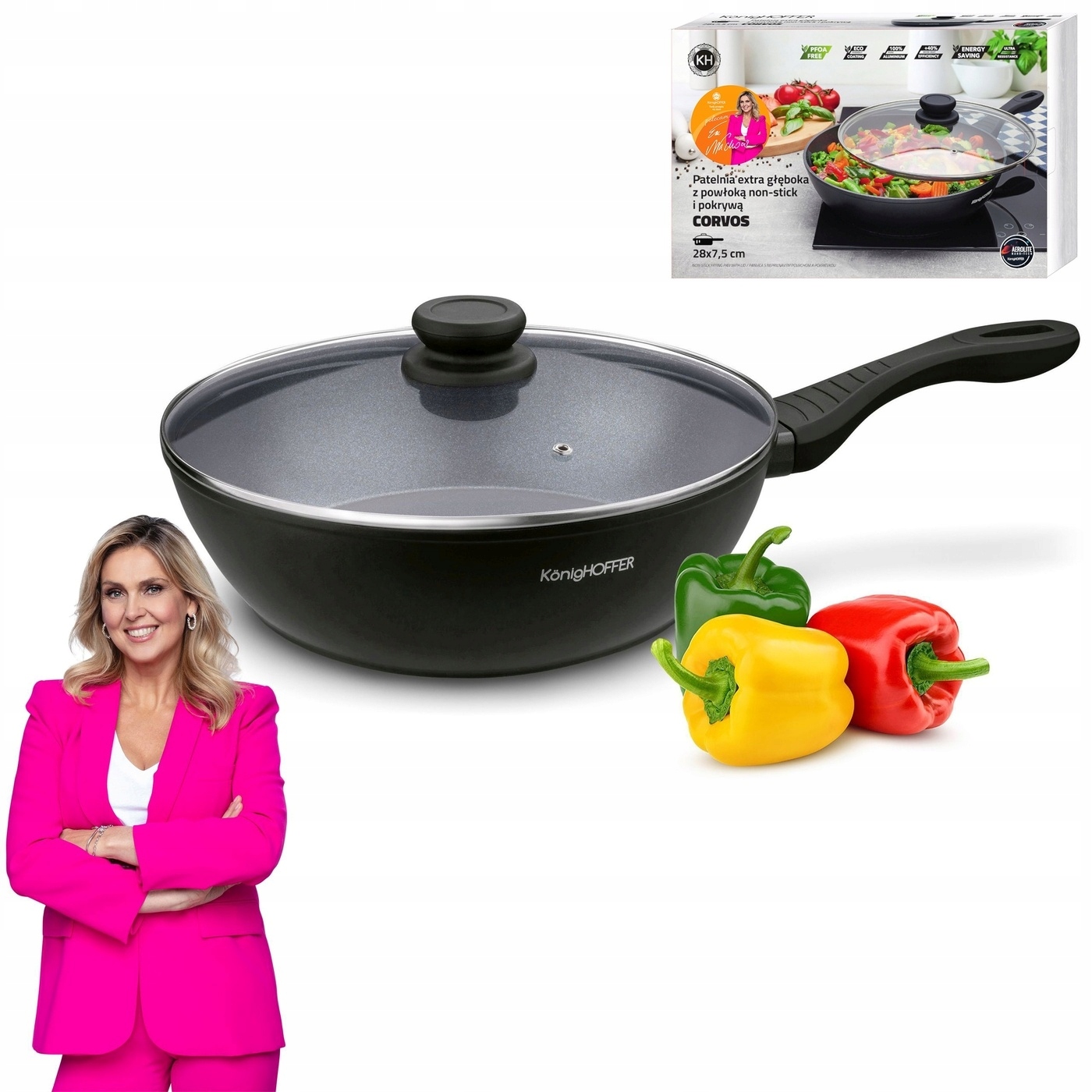 Duża Patelnia Indukcja patelnia Głęboka Nieprzywierająca 28cm Corvos