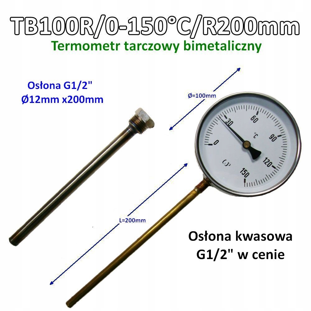 TB100R 0-150°C R200 mm kyslá krytka G1/2" Bimetalický teplomer 100 mm