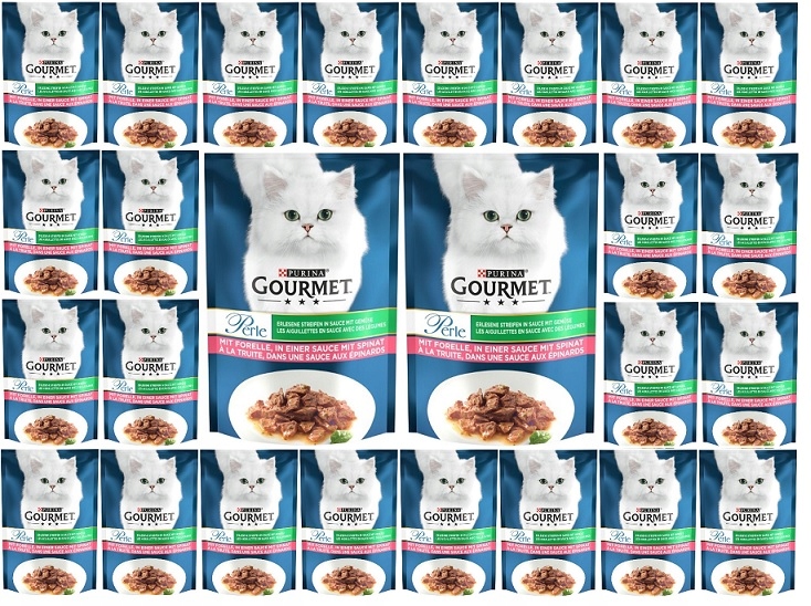 Purina Gourmet Perle pstruh a špenát mokré krmivo pro kočky v omáčce 26x85 g