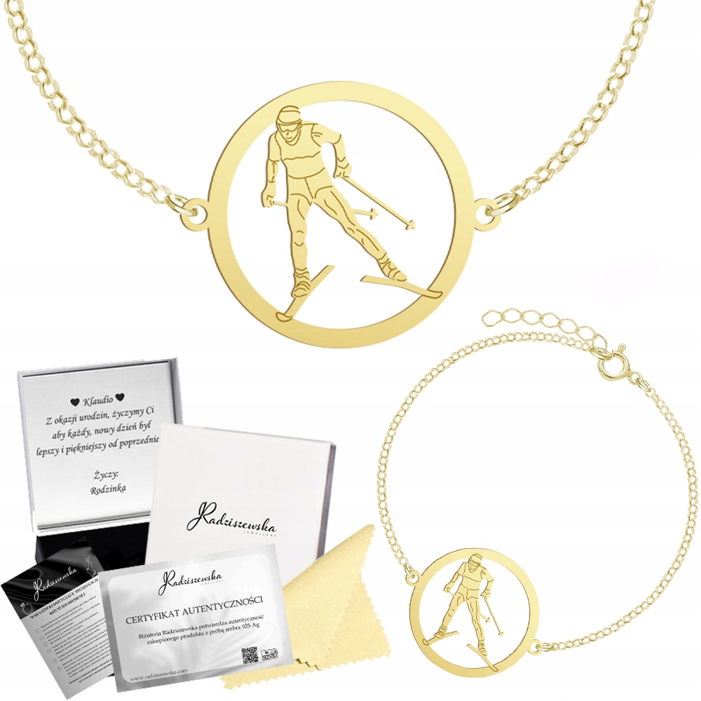 Zlatý náramek Běh na lyžích Řetízek 925 Dárek Gravírování Bonus