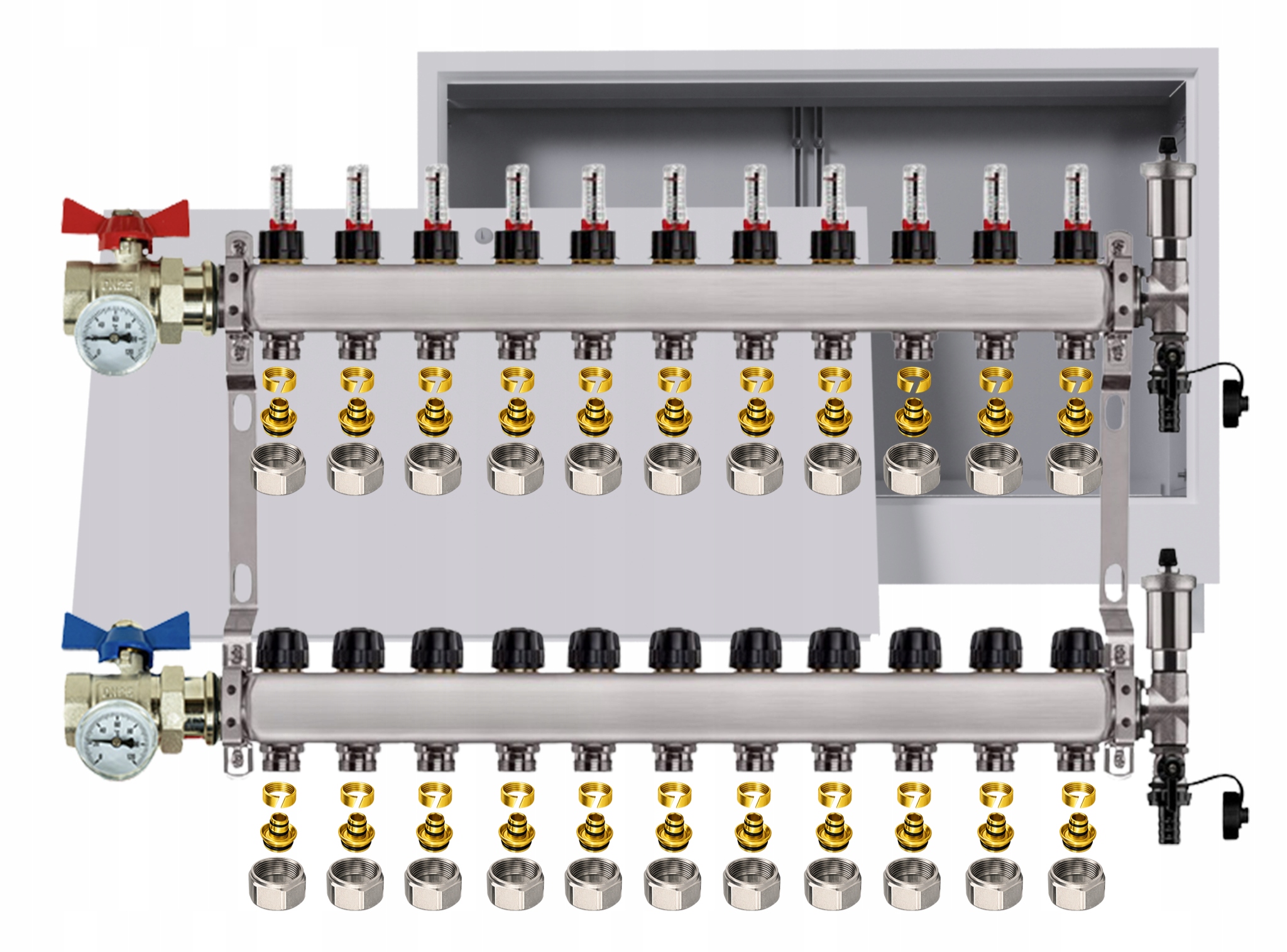 Rozdělovač nerezový Podlahovky 11 Obvody Podomítková skříňka Pex