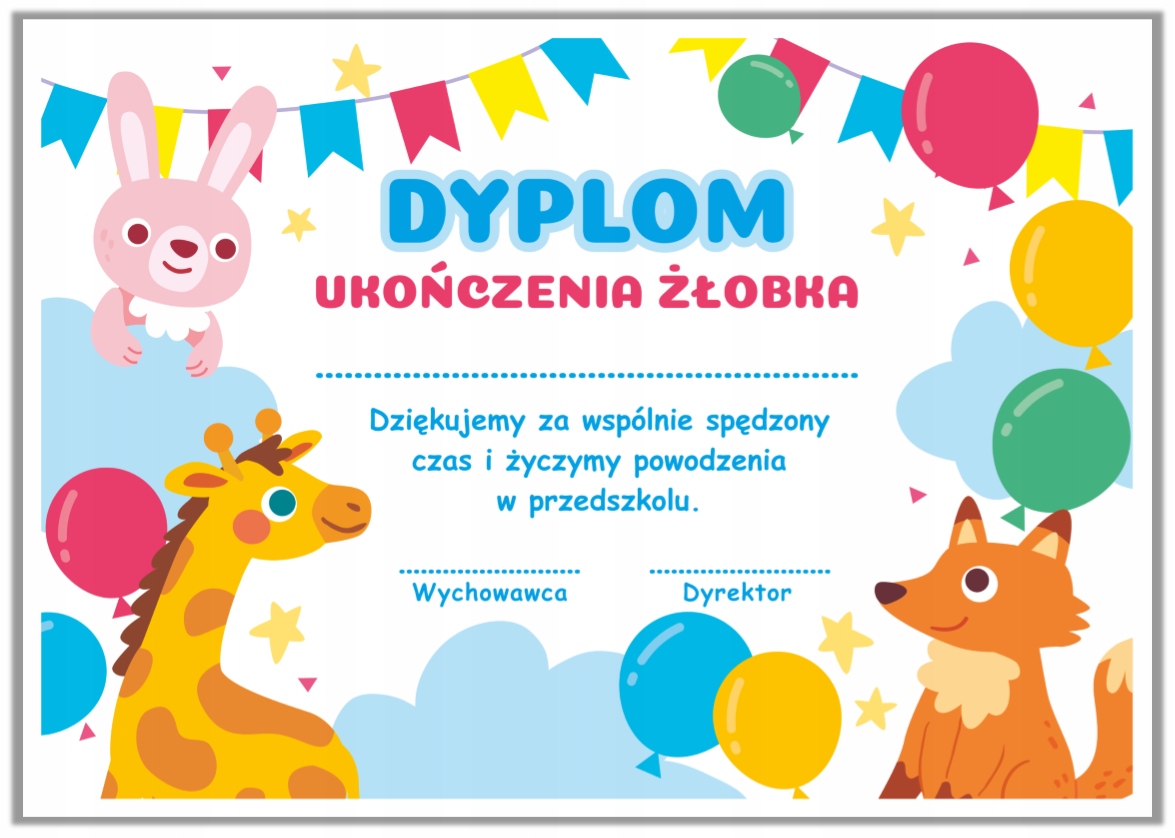 

Dyplom: Ukończenia Żłobka (Zwierzaczki) format A4