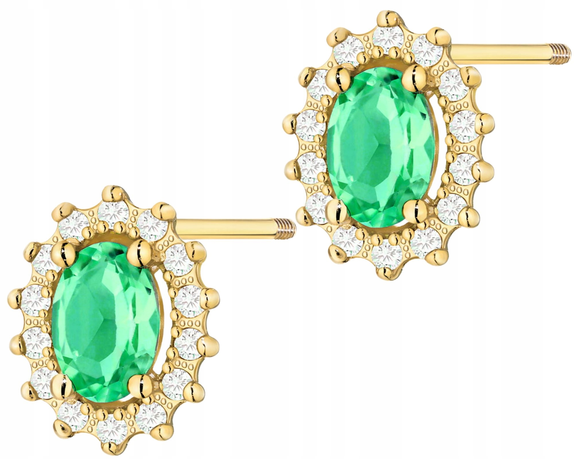 Zlaté Náušnice Přírodní Kámen Smaragd A Diamanty Šroubovací Tyčinka Zlato
