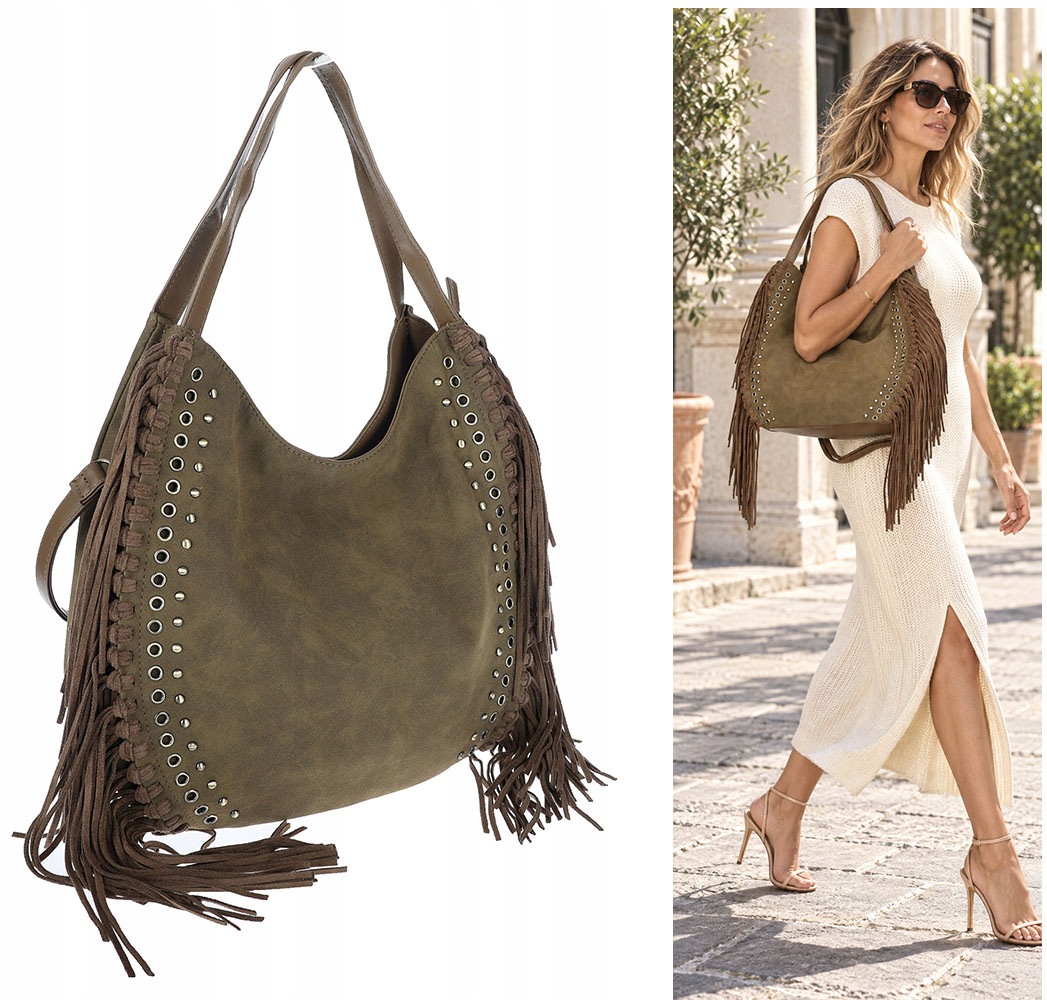 Dámská nákupní taška Semišová taška Třásně Šatonové Růže Prostorná MC832 Zelená
