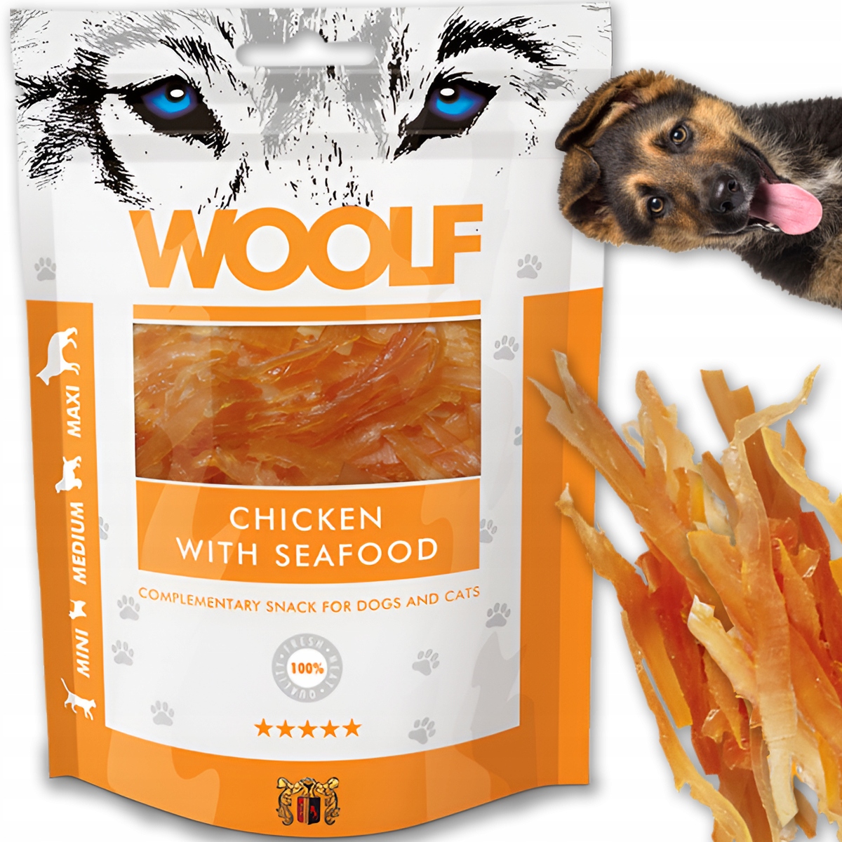 Woolf Paski kurczak owoce morza dla psa 100 g