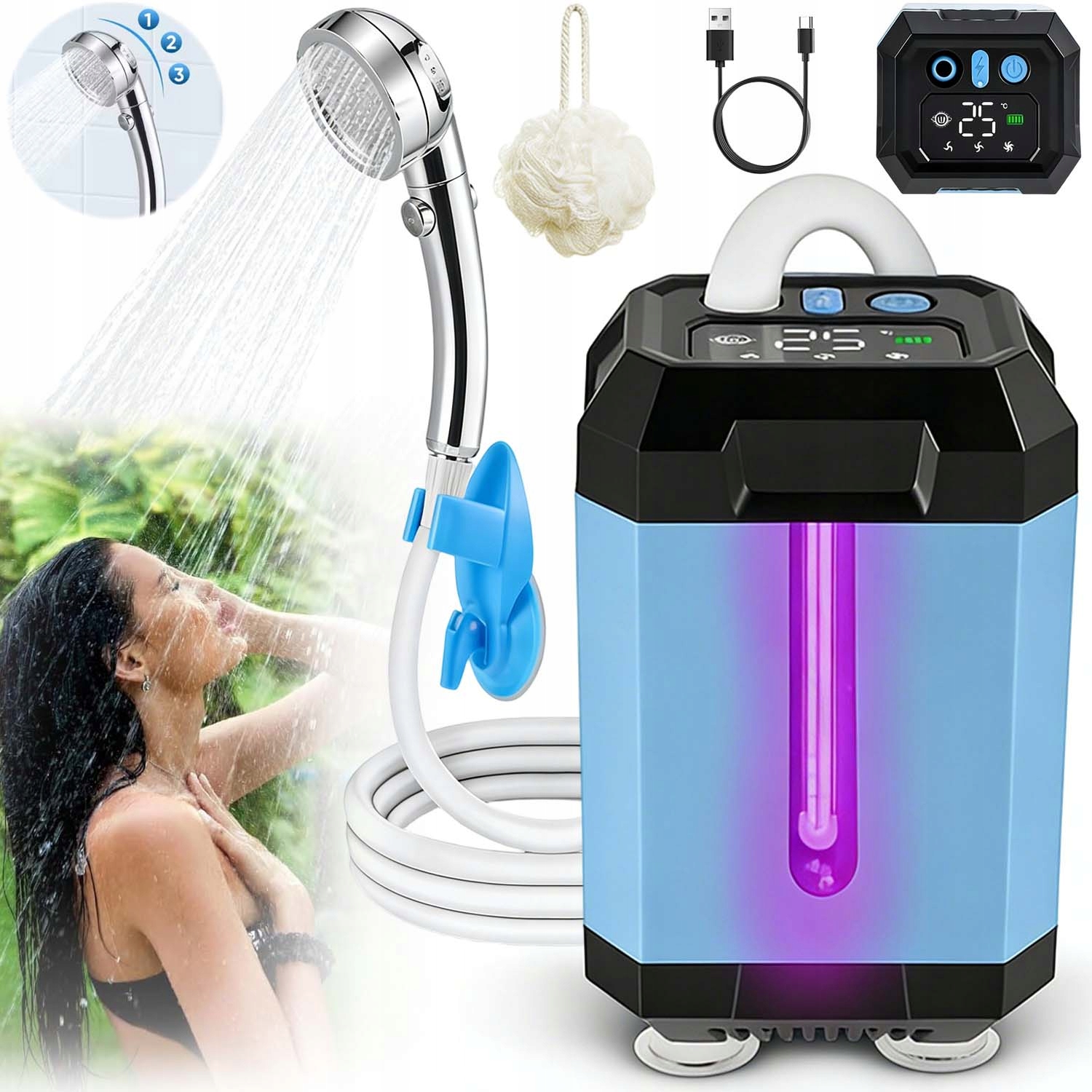 Turistická Sprcha Camping Akumulátor 5400 Mah 3 Režimy Přenosný