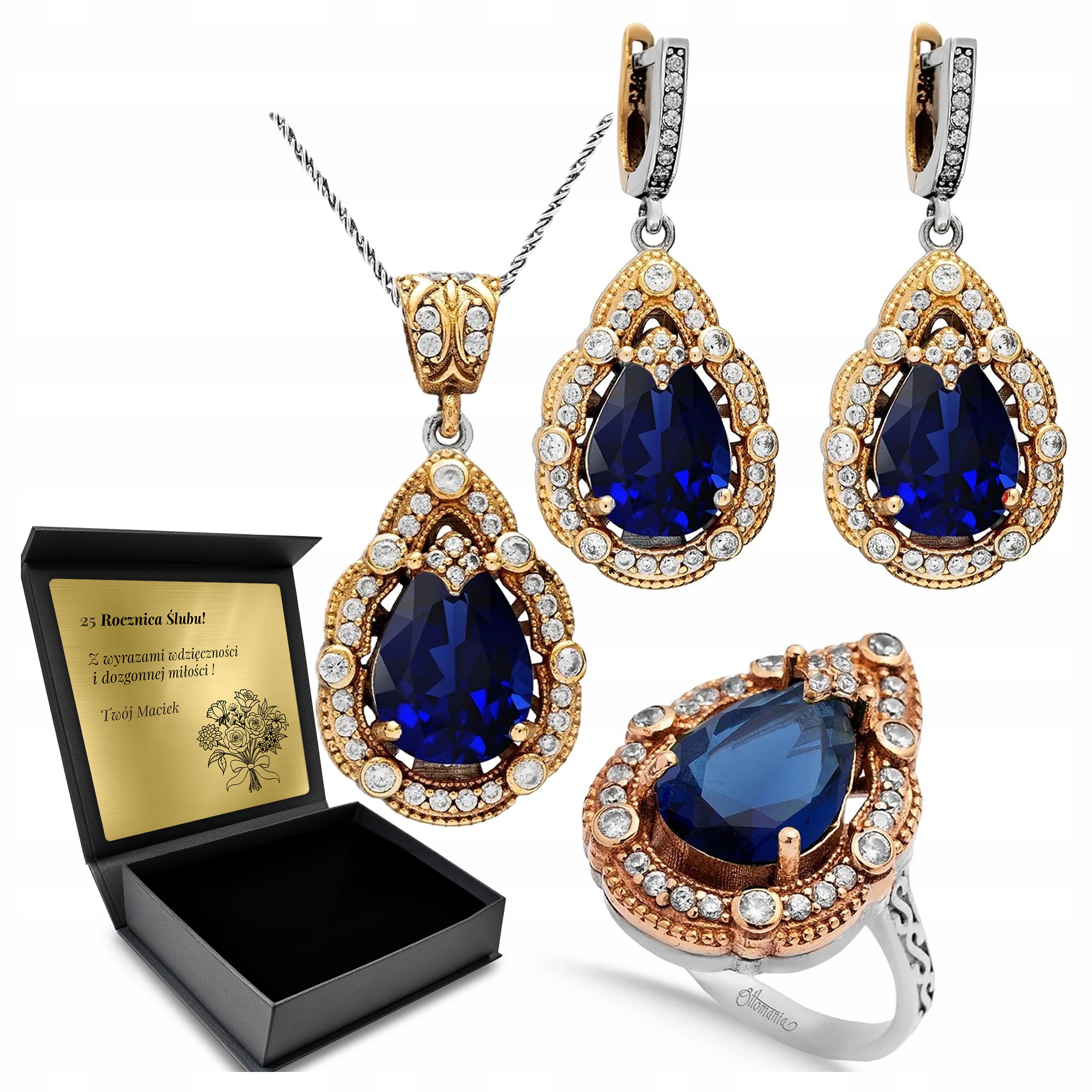 Sada Stříbrných Šperků 925 Zirkony Safírová Sada Pro Ženu Gravírování