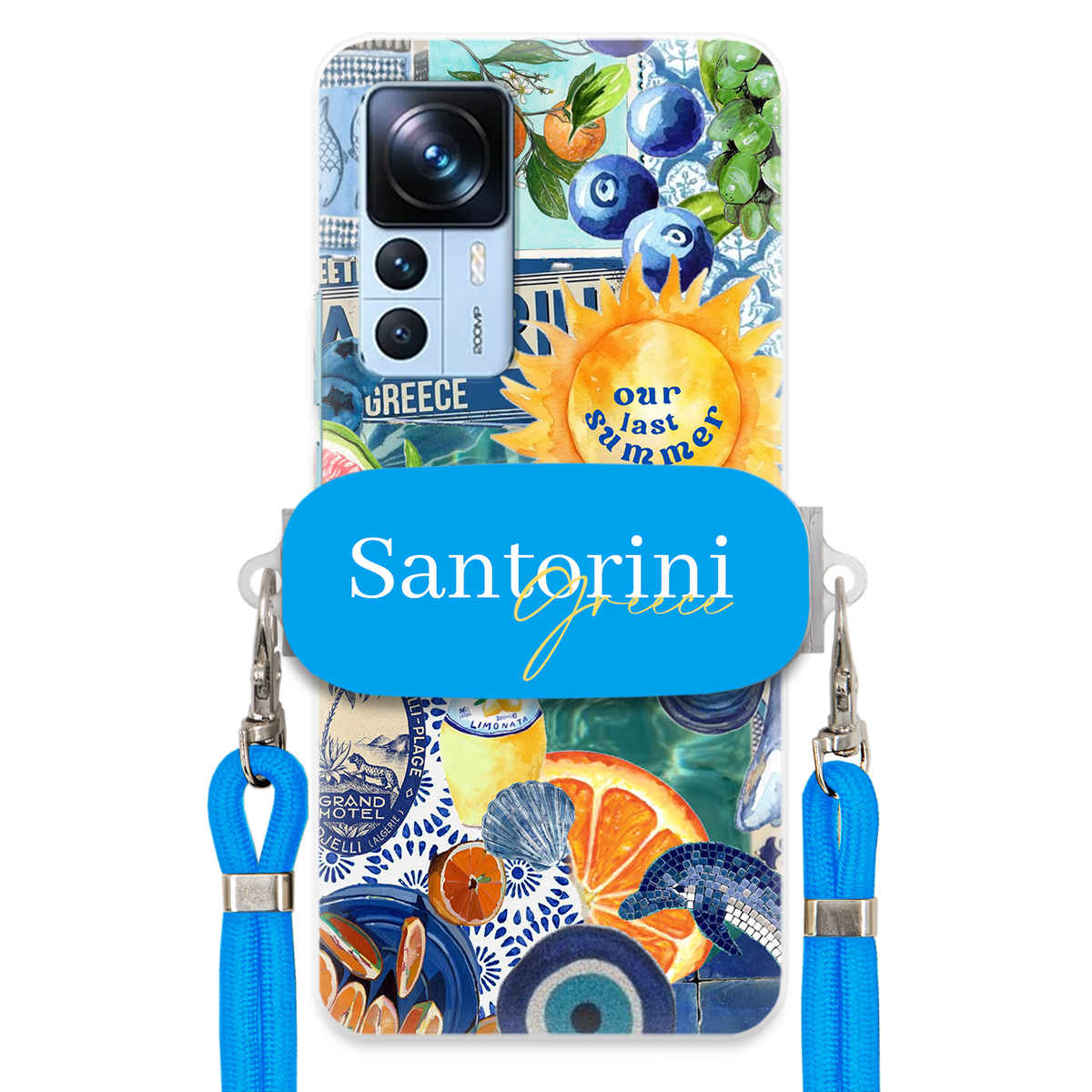 Pouzdro pro Xiaomi 12T Pro Modré Crossbody vodítko držák Santorini Greece