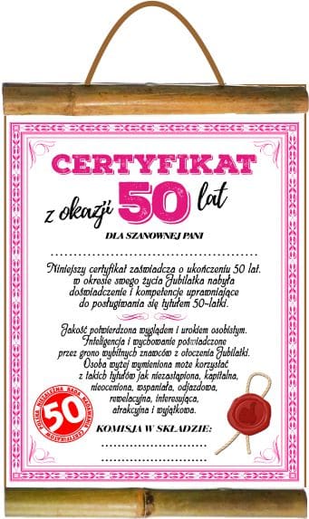 

Dyplom Certyfikat na pięćdziesiątkę kobiety Żony