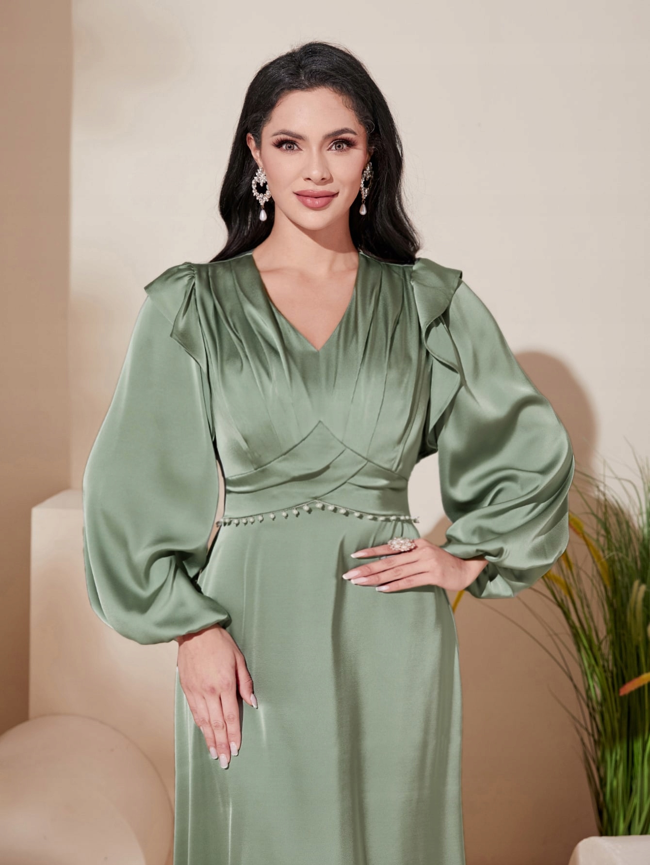 Šaty Elegantní Zdobené Perlami, Zelená Shein, Velikost 38