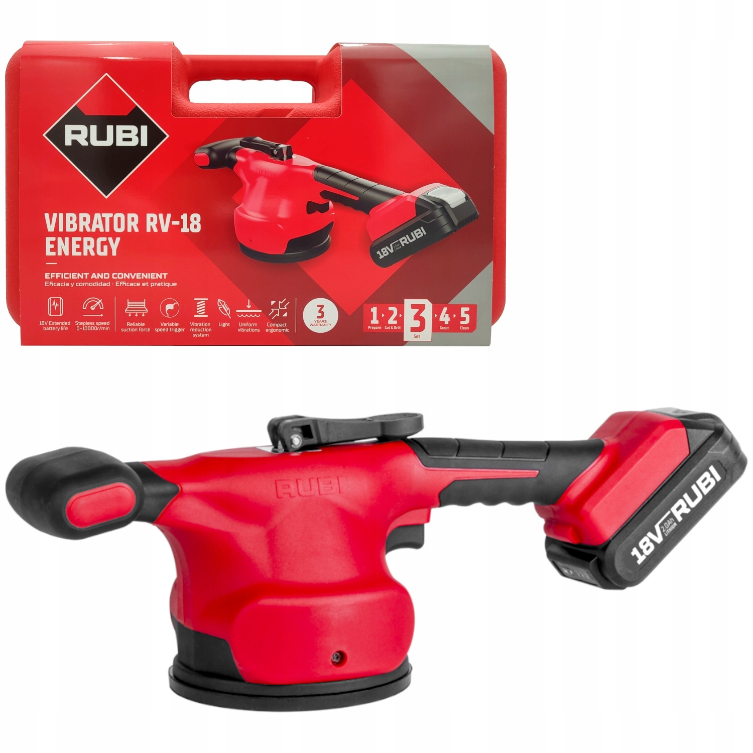 Akumulátorový vibrátor na dlaždice Rubi RV-18 Energy Přísavka 50 kg Kufr