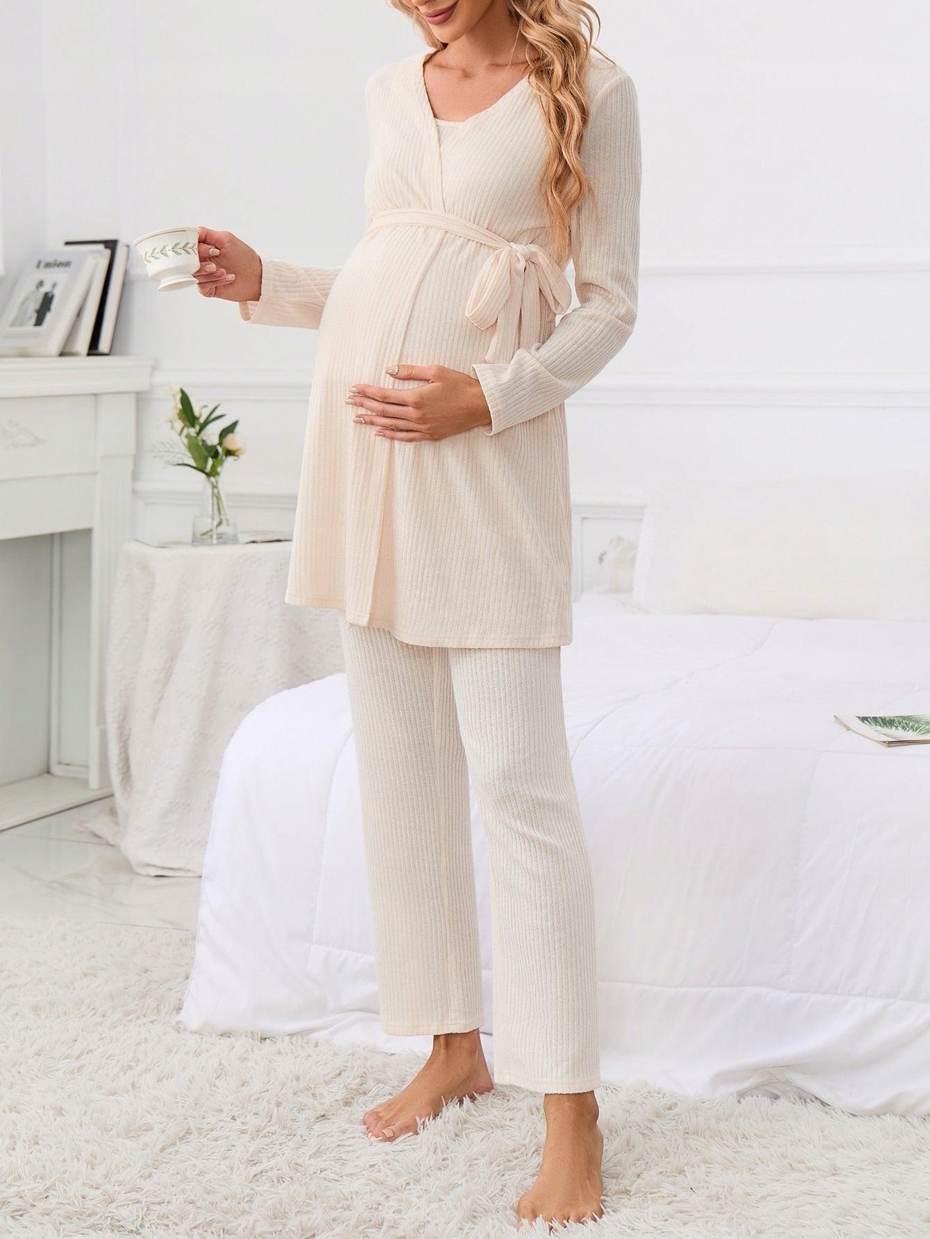 KREMOWY PRĄŻKOWANY CIĄŻOWY KOMPLET TOP SZLAFROK SPODNIE DŁUGIE SHEIN 40/42