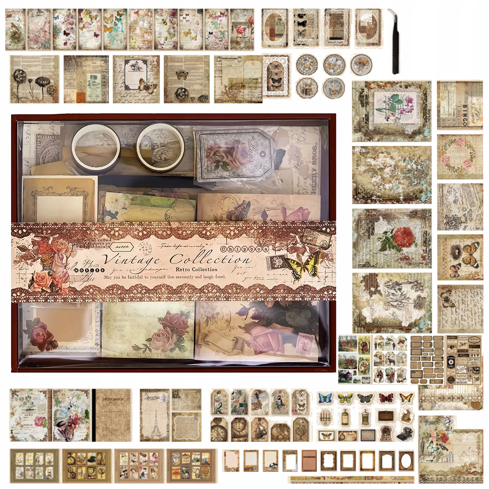 VINTAGE ZESTAW XL 294 EL DO SCRAPBOOKINGU NAKLEJKI OBRAZKI + NOTES 96 STRON