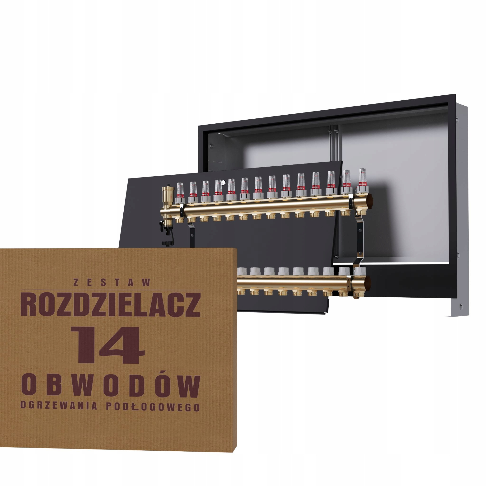 Rozdělovač pro mosaznou podlahu 14-okruhový a podomítkový box, černý