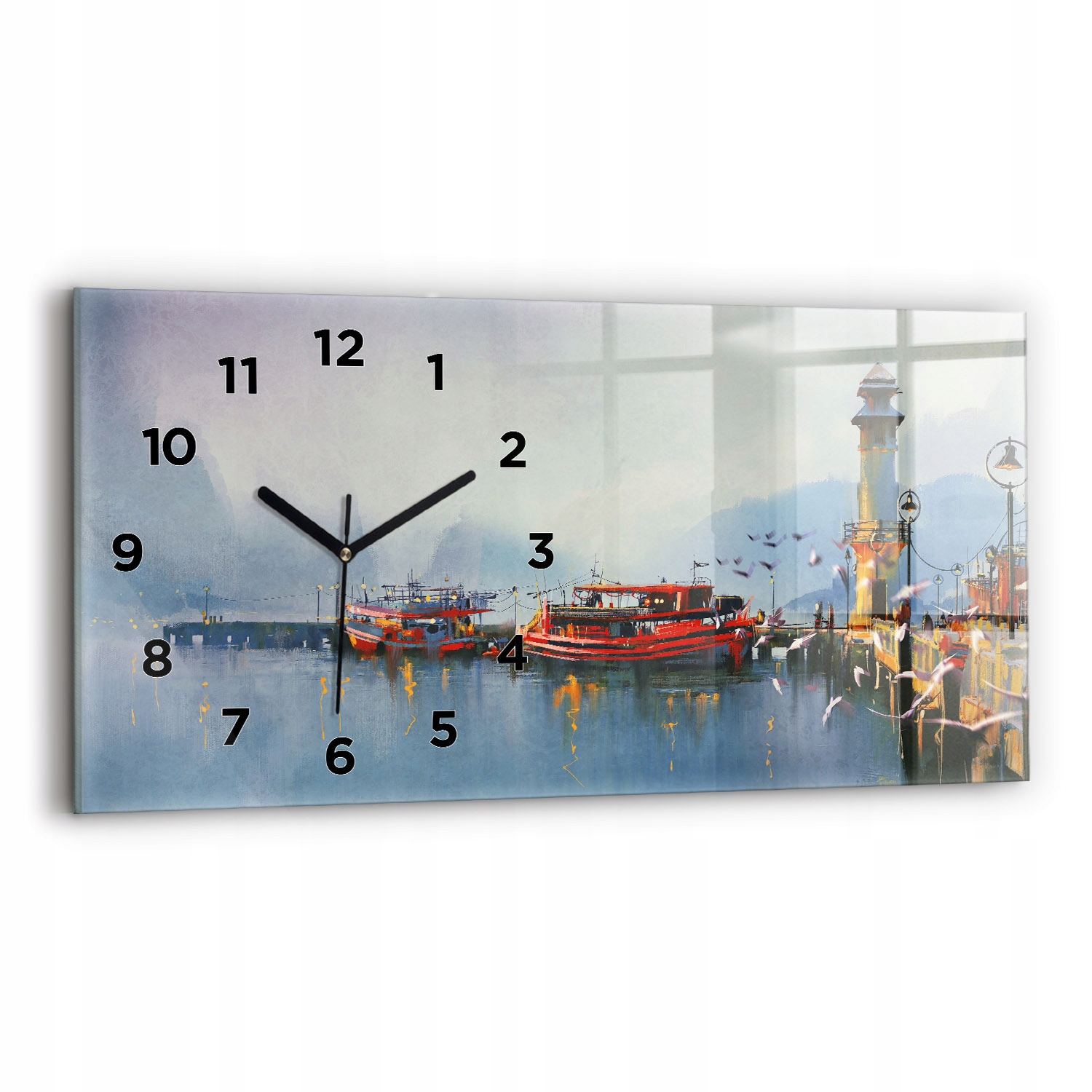 Moderní skleněné nástěnné hodiny 60 x 30 cm Loď v přístavu