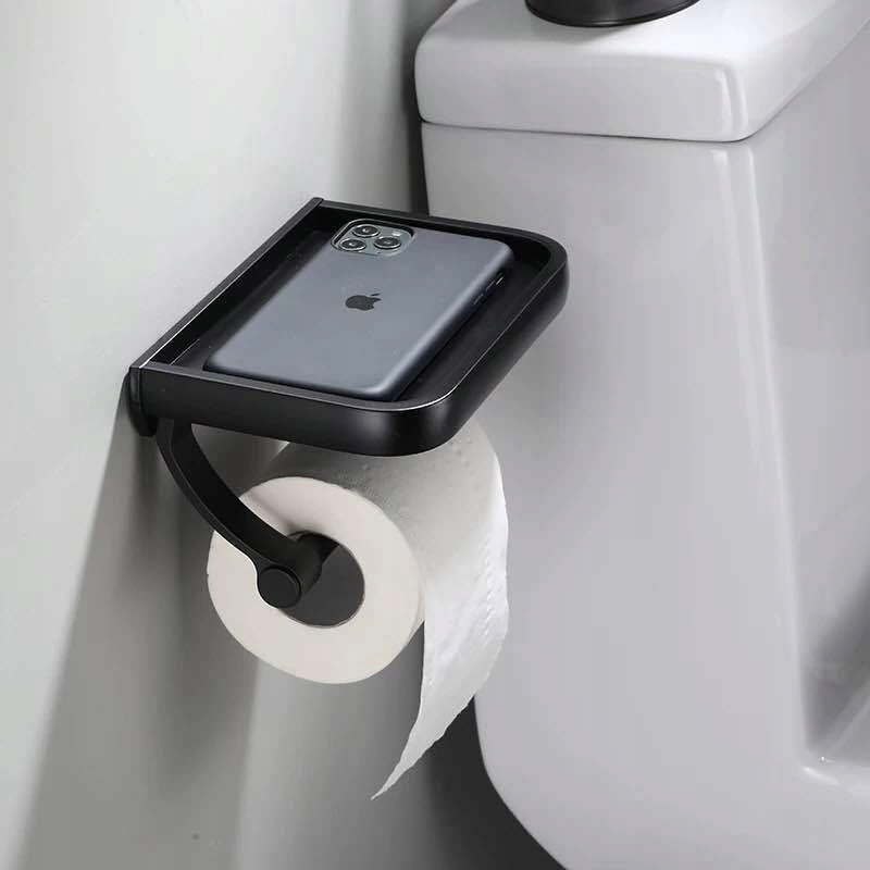 UCHWYT NA PAPIER TOALETOWY Z PÓŁKĄ CZARNY LOFT MAT Wysokość produktu 9 cm