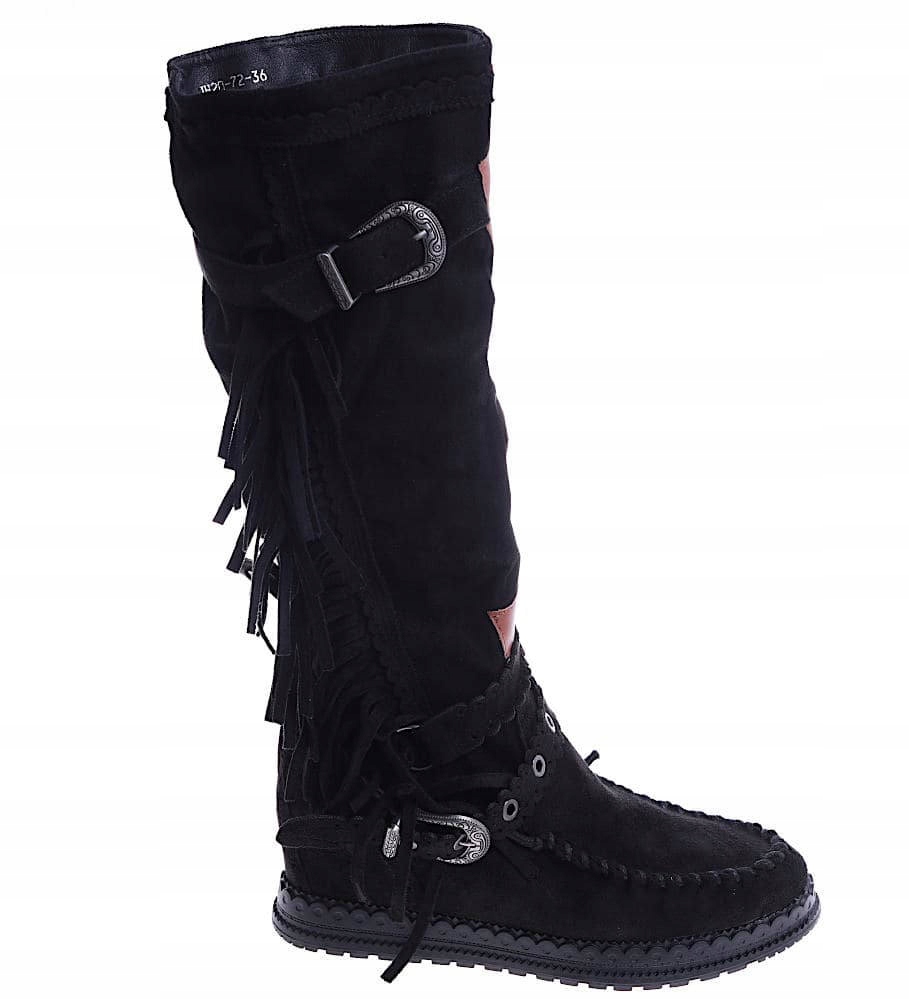 Czarne damskie kozaki na koturnie buty z frędzlami w stylu boho 14854 37 Stan opakowania oryginalne
