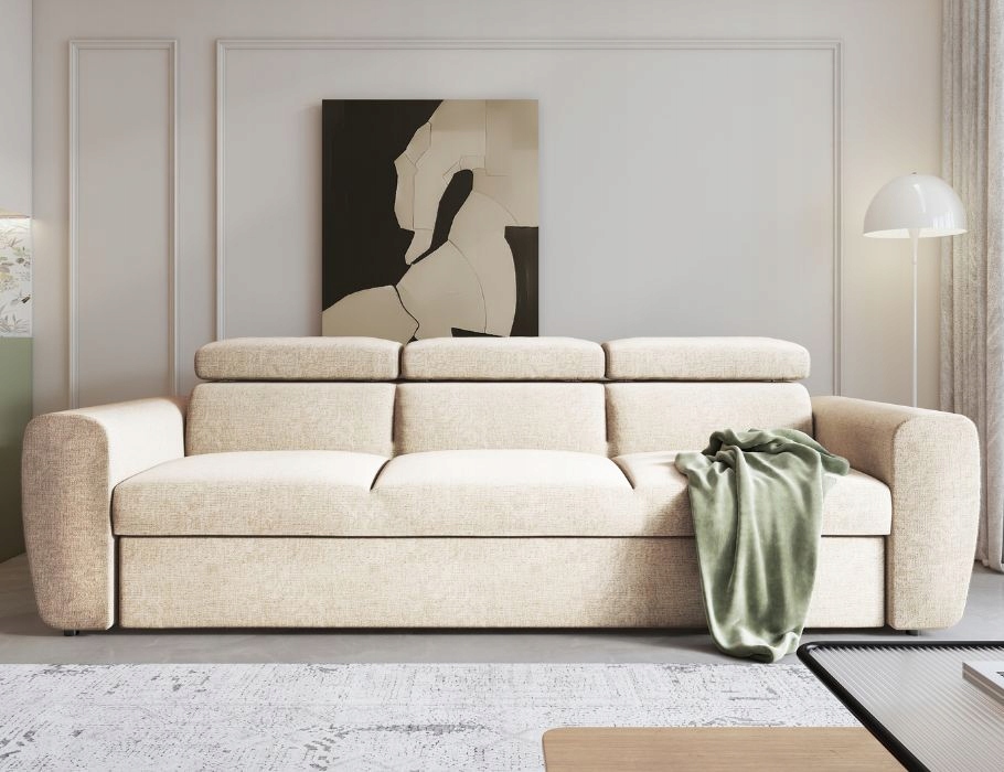 Komfortní rozkládací pohovka Napoli v krémovém šenilu.