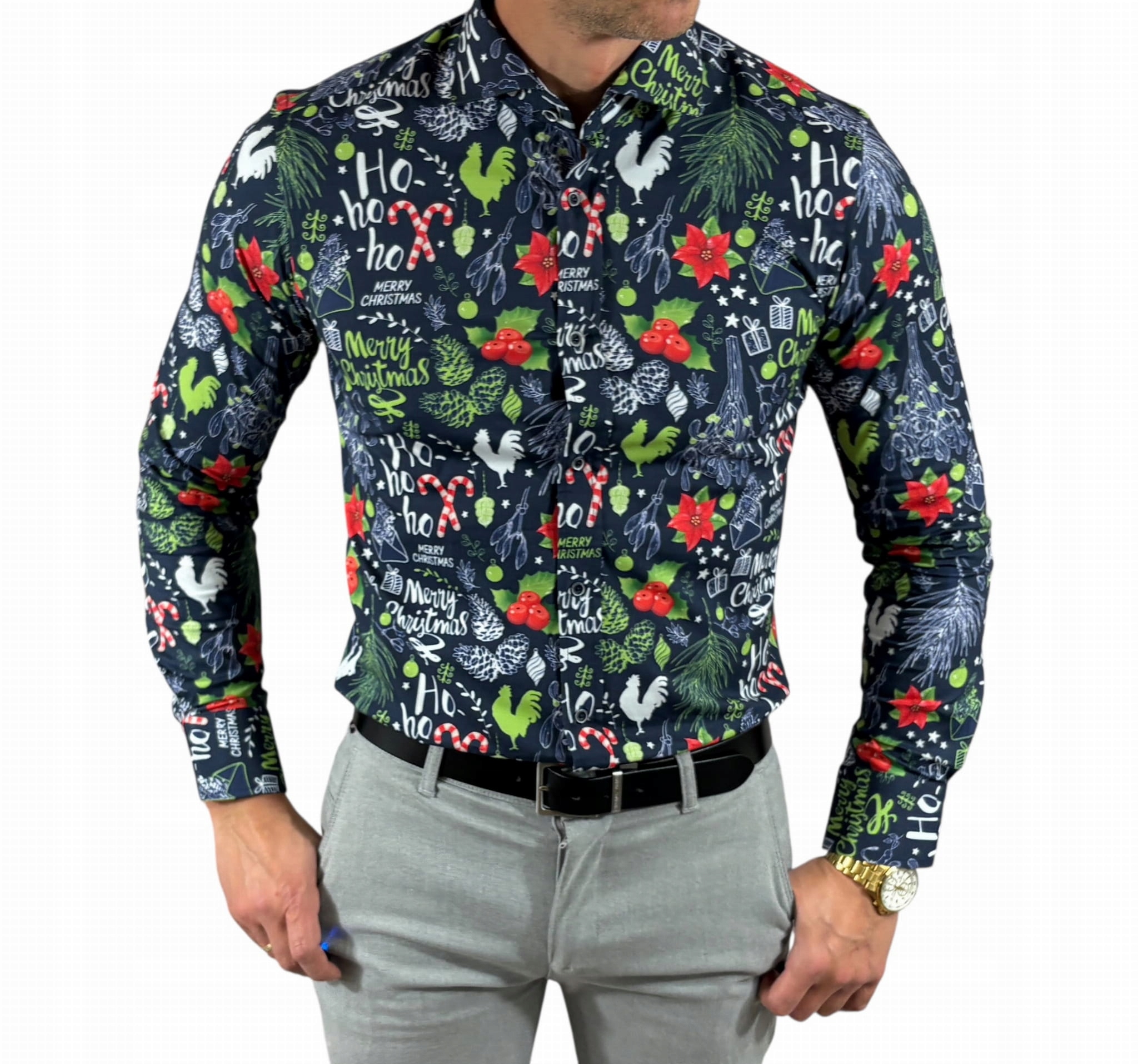 Vánoční košile slim fit, tmavě modrá Ho ho ho ESP029 XL