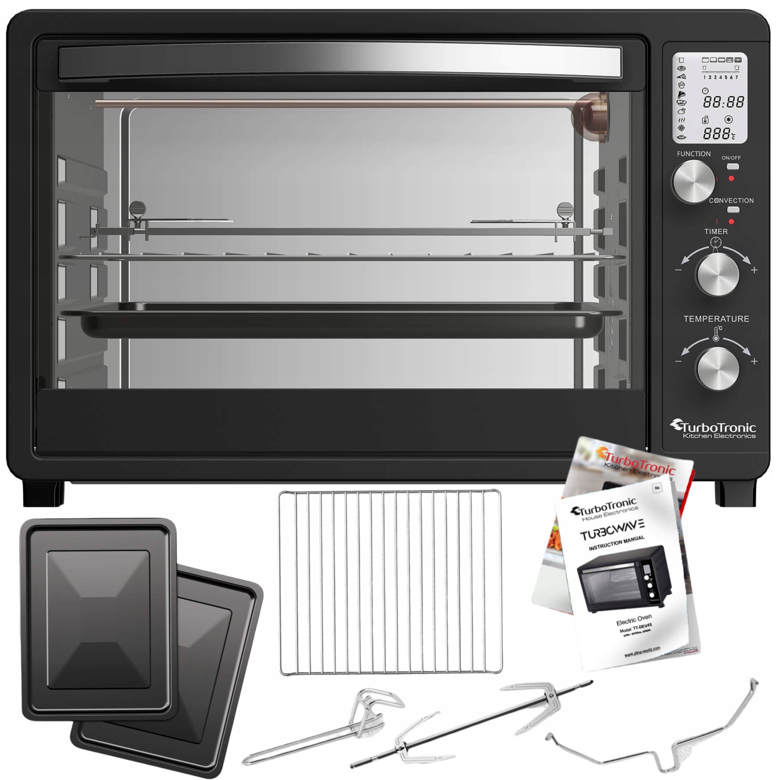 Elektrická Trouba 45 L Cirkulace Vzduchu Rožeň Gril Digitální Displej