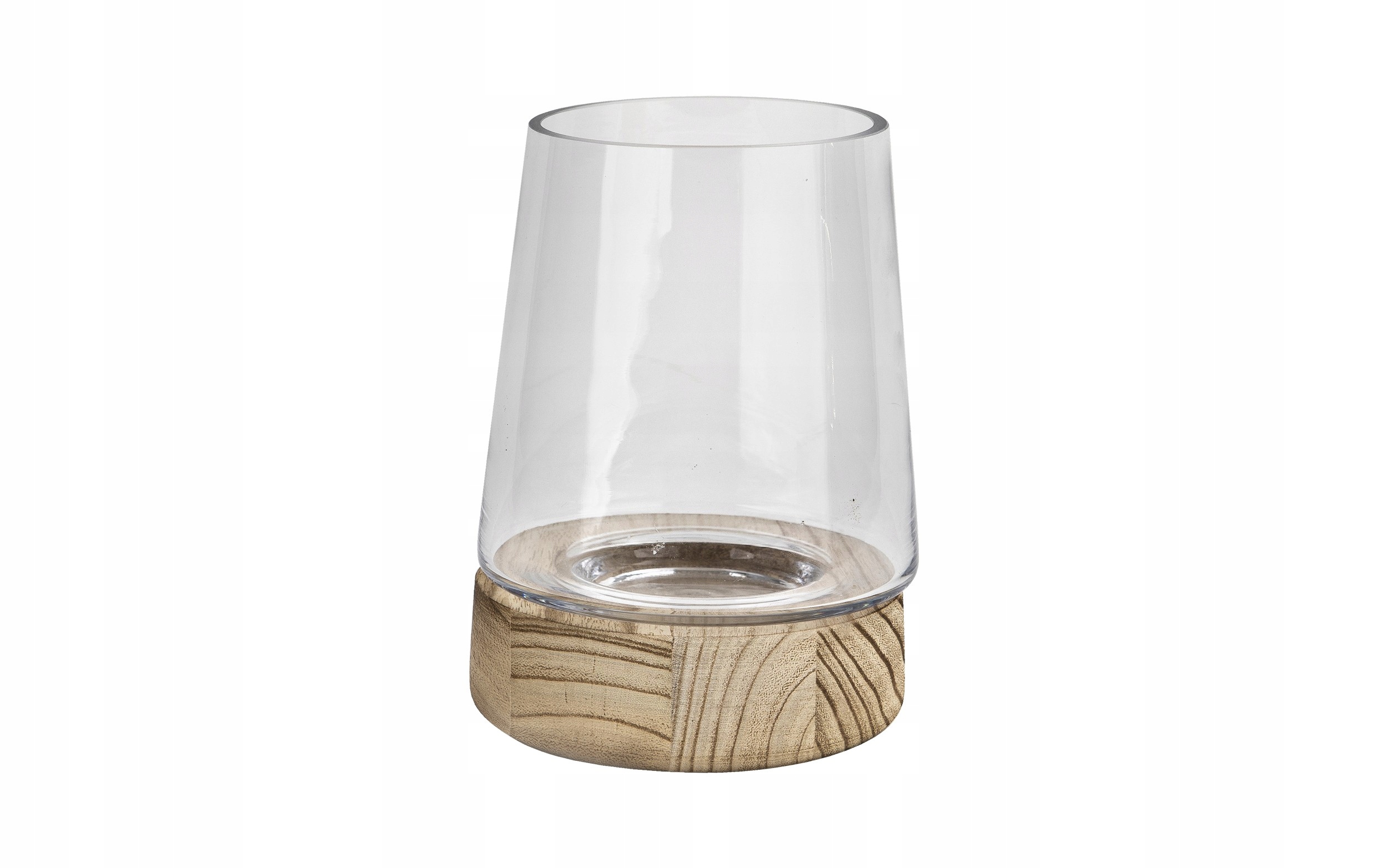 Skleněný svícen 19 cm s dřevěnou základnou JK0244