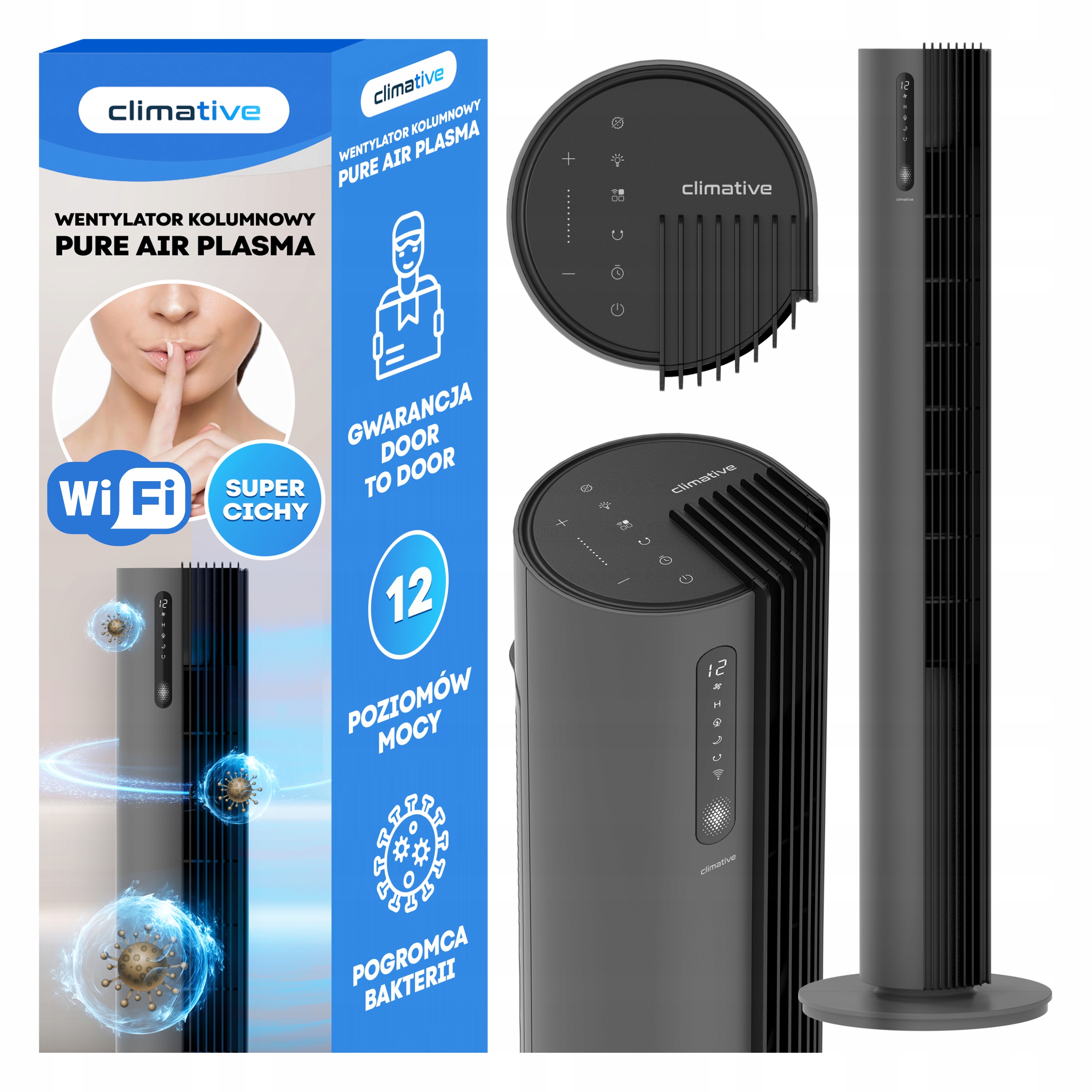 Tichý sloupový ventilátor Wifi 12 úrovní Pure Plasma ionizace černý XL