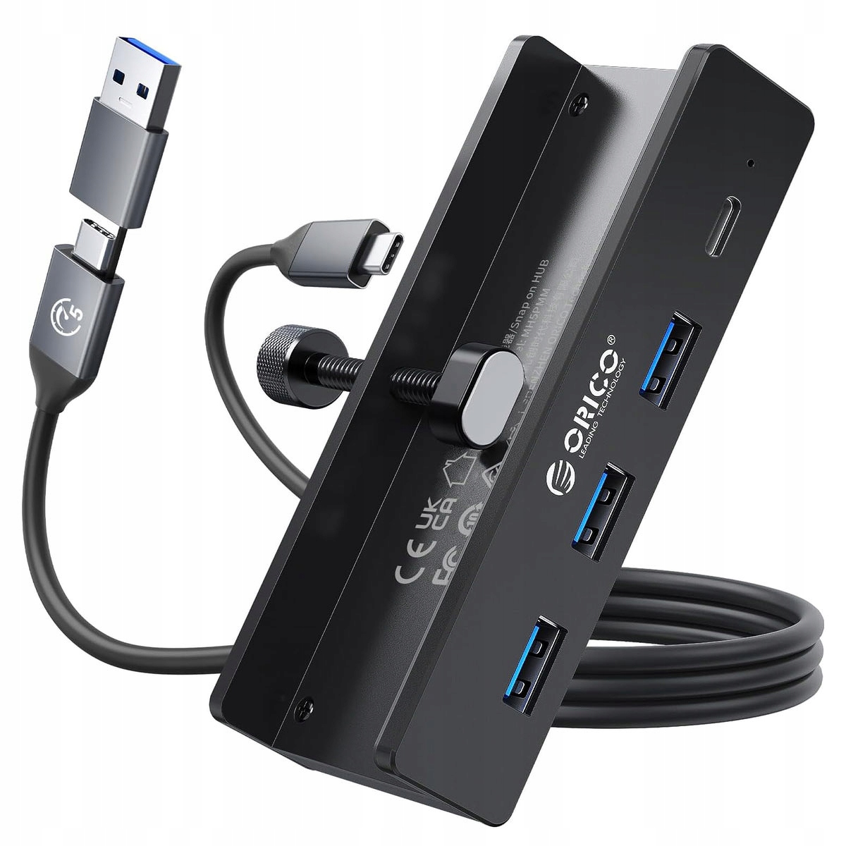 Orico Aktywny hub Usb-c 5Gbps, 15W, przykręcany, 3x Usb-a, Usb-c, czarny