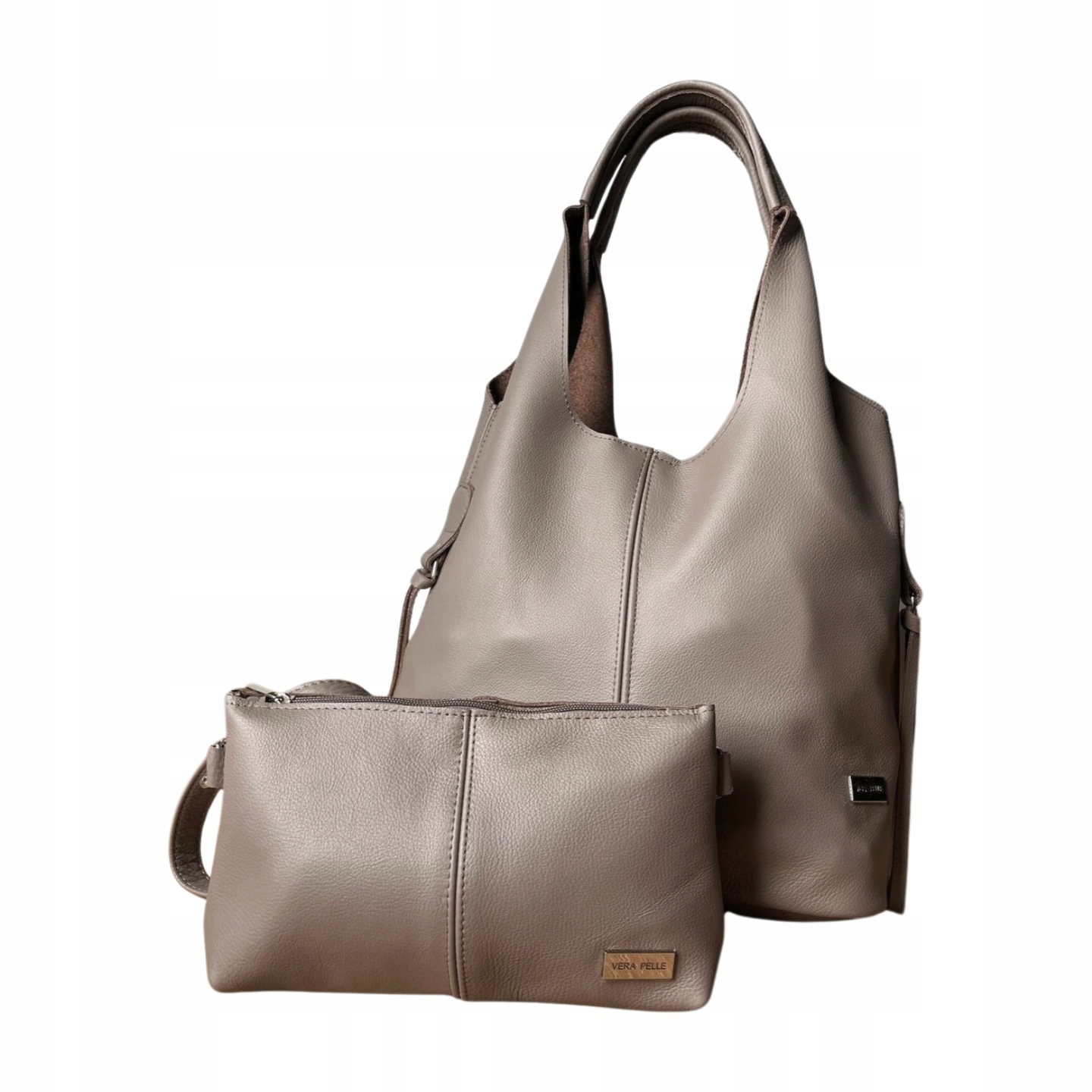 Taupe Torebka Skóra Naturalna Shopper Cappuccino torebka ze skóry A4 worek