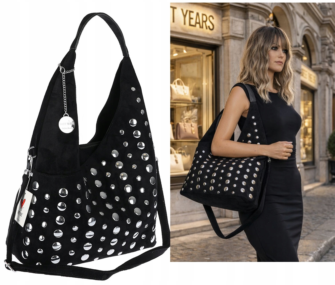 Torebka damska shopper worek zamszowa pojemna modna z nitami S8117 czarna