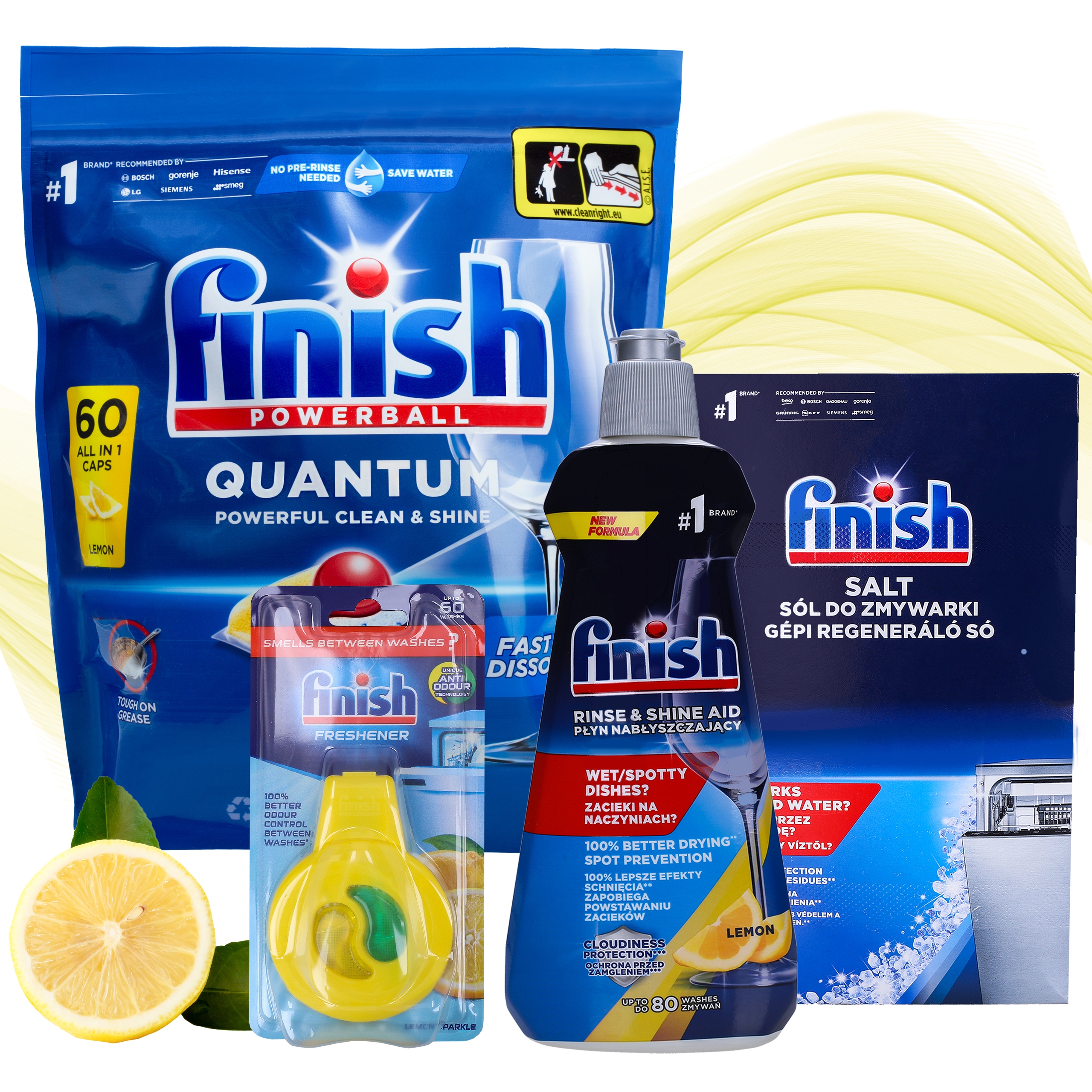 Levně Finish Sada na mytí nádobí Kapsle Quantum 60 Sůl Leštidlo Vůně Lemon