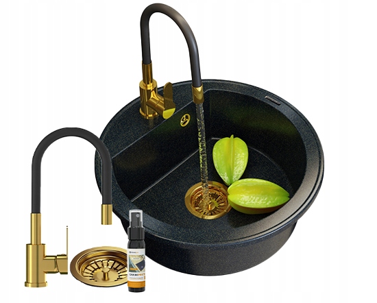 Granitový Drez Jednokomorový Okrúhly Zlatý Arno Sifón Batéria