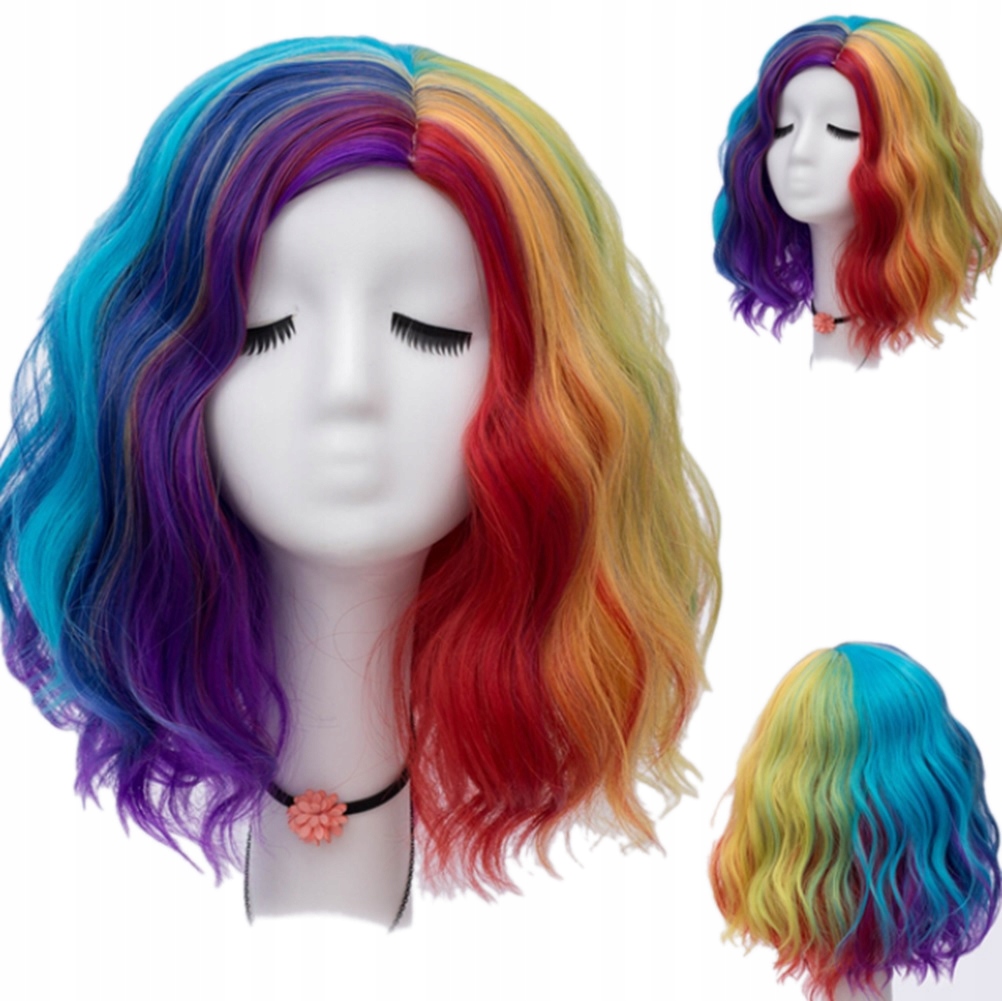 

Peruka Cosplay 40 CM Bob Glam Rock Tęcza Tęczowy