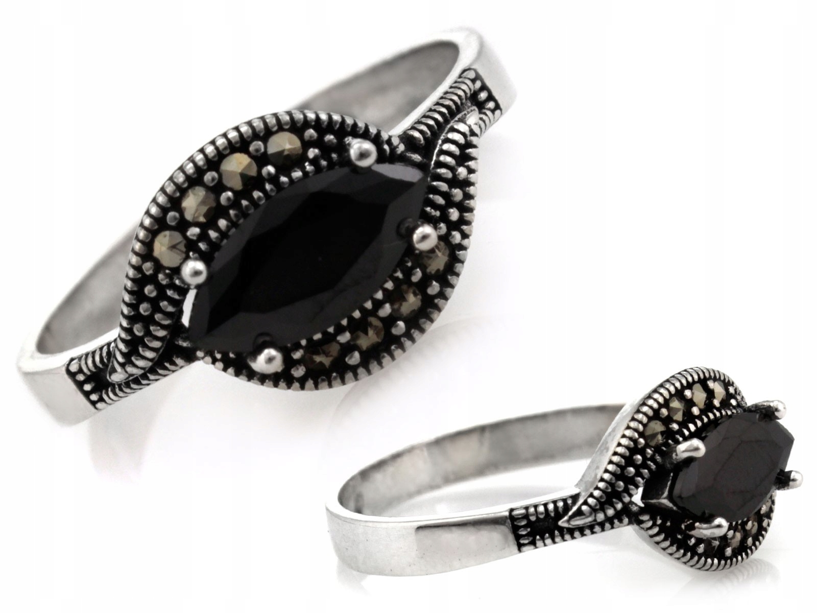 Stříbrný dámský prstýnek 925, efektní módní markýz, černé očko r14