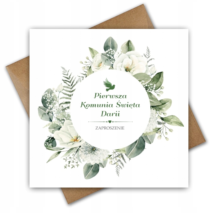 Zaproszenia na Komunię Personalizowane dla CHŁOPCA MOTYW ROŚLINNY LIŚCIE Gramatura 300 g/m²
