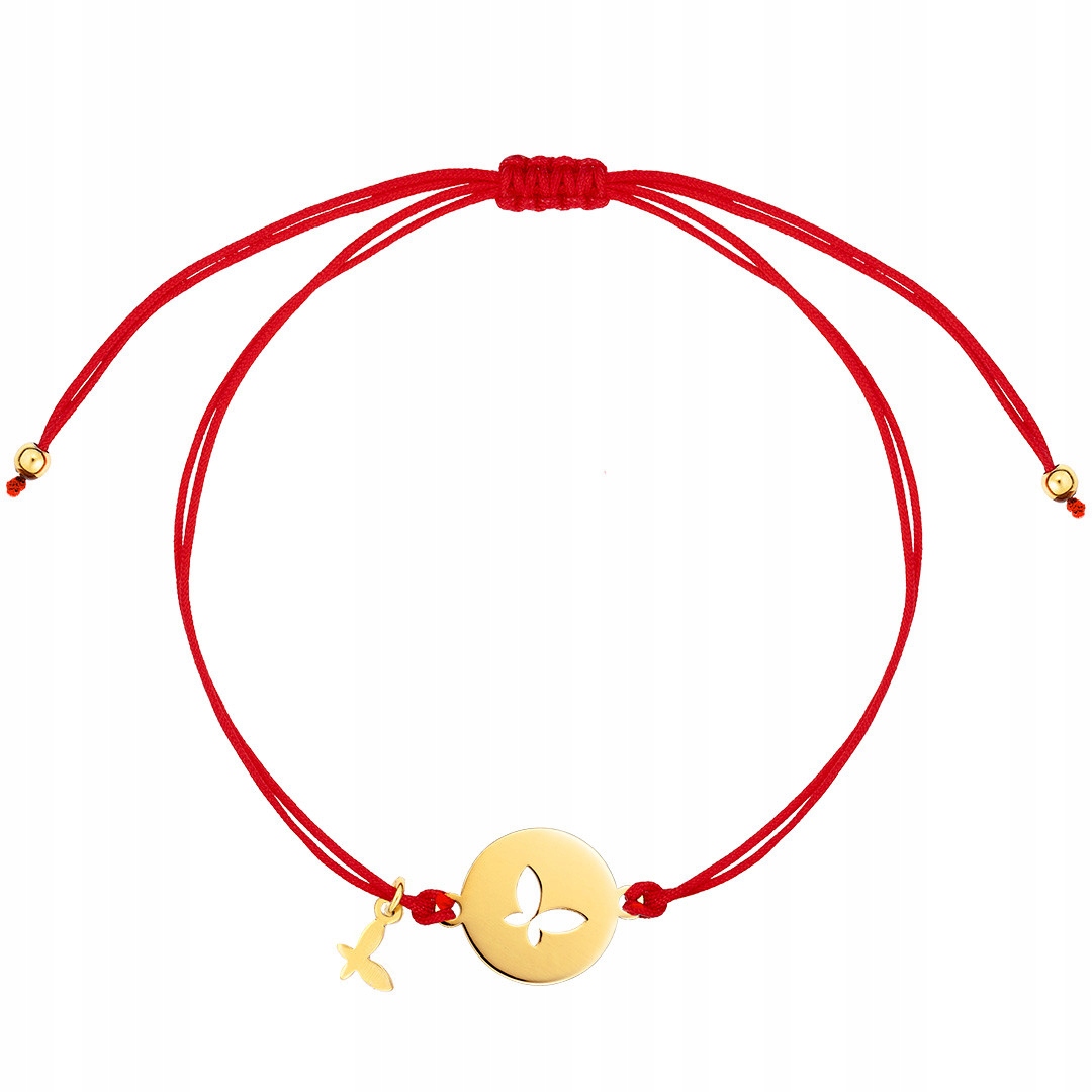 Bransoletka Złota Na Sznurku Czerwona z Motylem Regulowana Złoto 585 Sadva