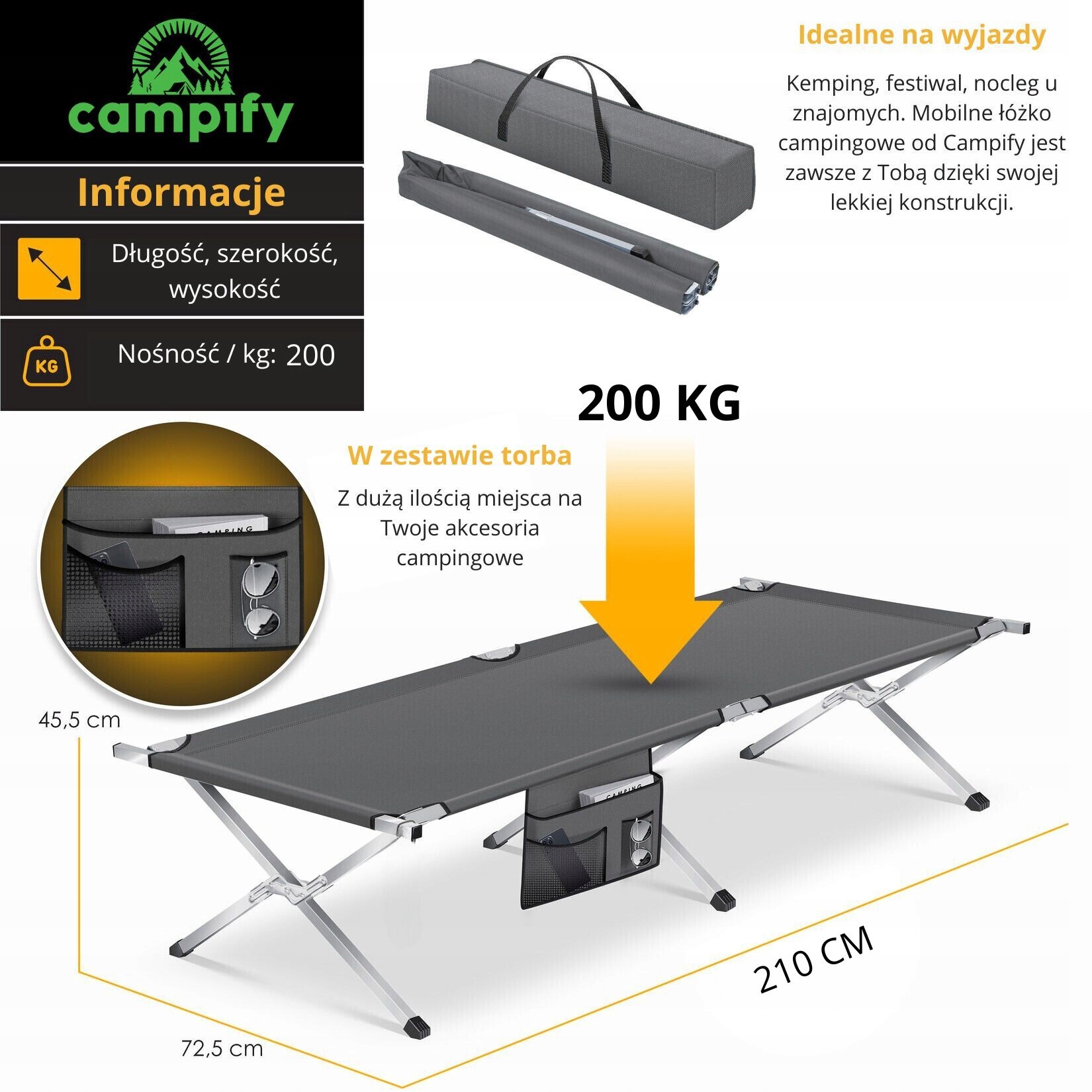 Łóżko Polowe Składane Premium Kanadyjka Duże Mocne 200 KG XXL Campify 210CM Szerokość produktu 72 cm