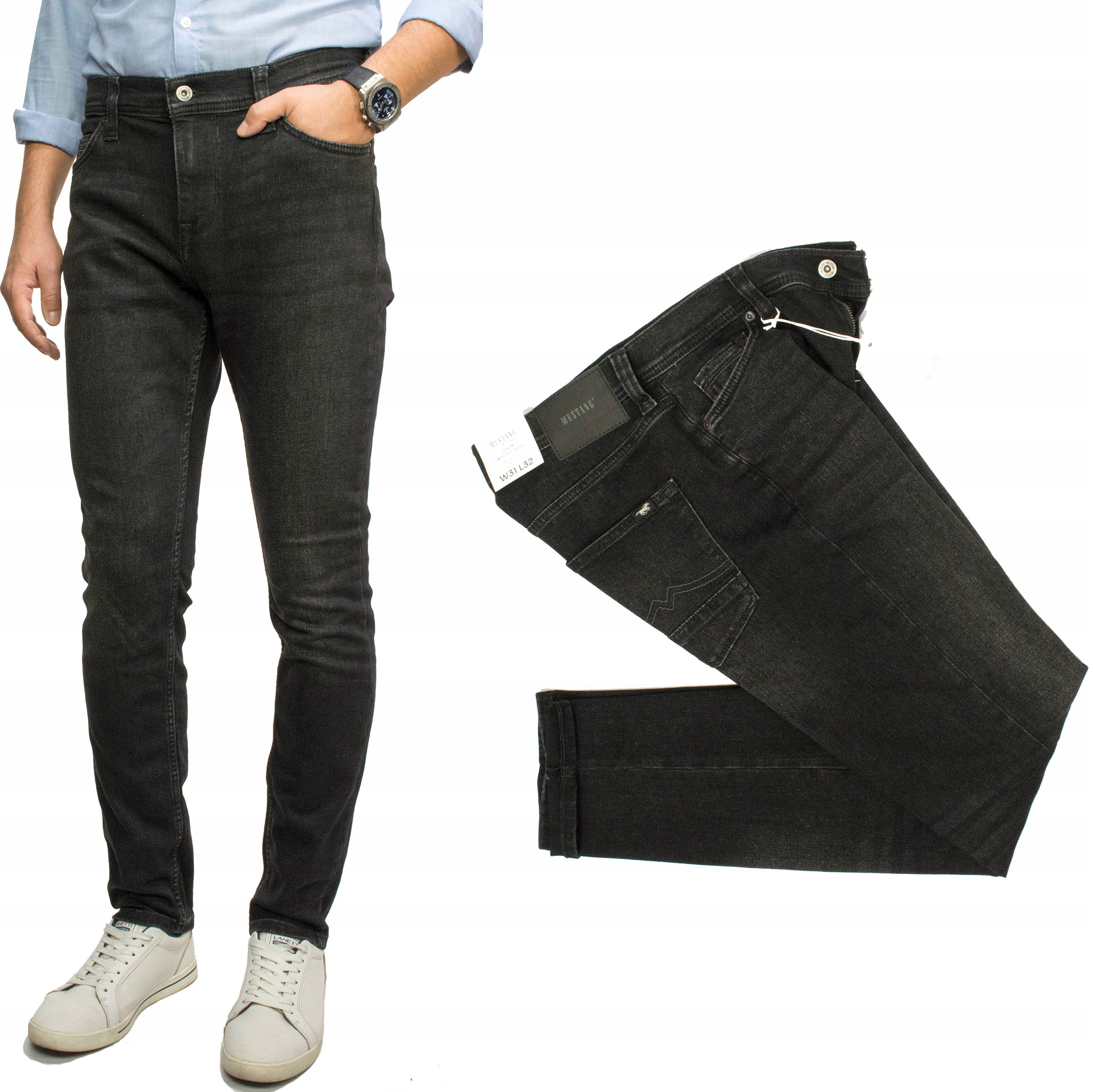 Mustang Boston Black 943 męskie spodnie jeansy czarne Slim W38 L34