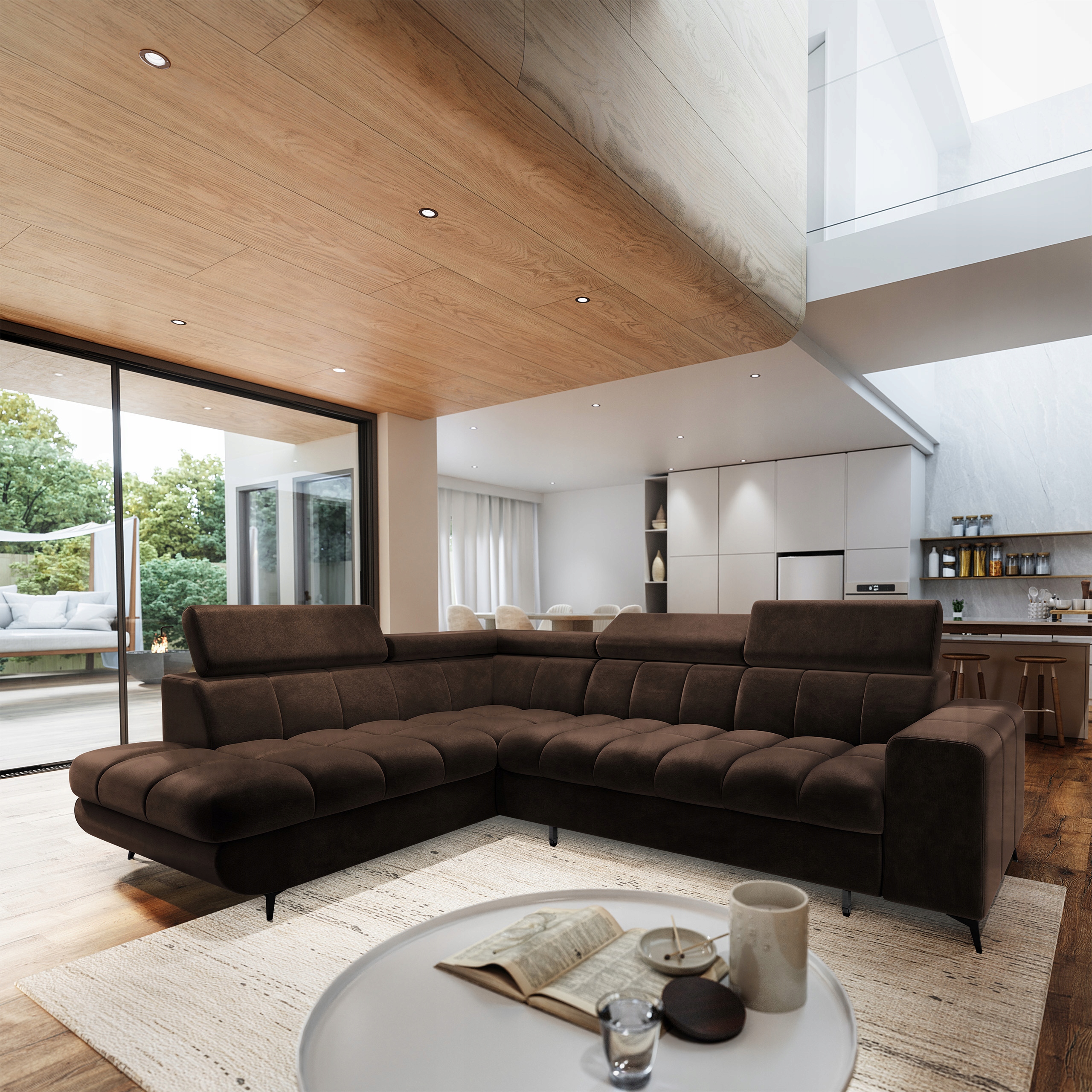 Rohová Sedací Souprava Moriva Funkce Spaní Klasický Velur Hnědá