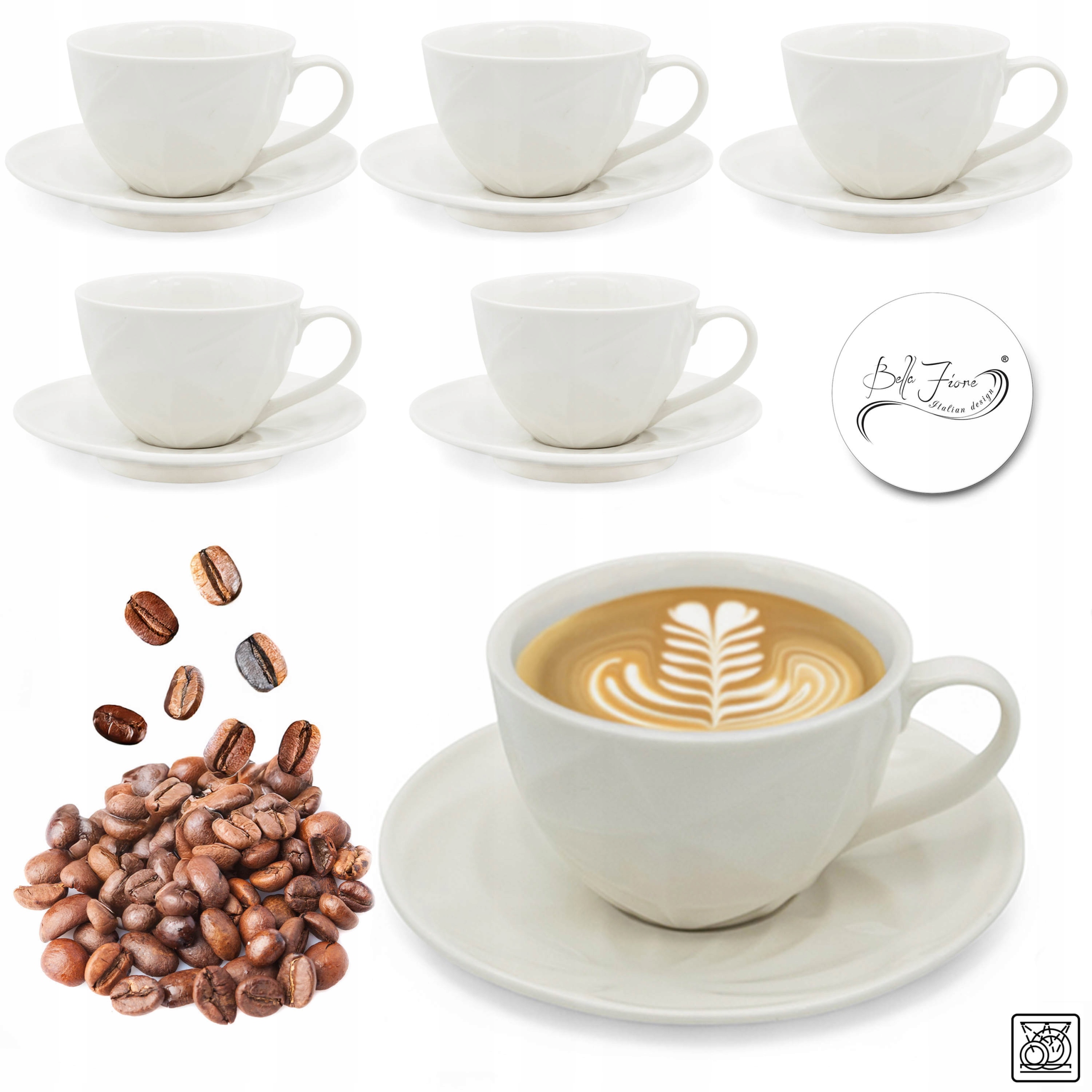 Filiżanki do kawy 6 szt porcelanowe ze spodkiem 6+6 komplet biały 240 ml