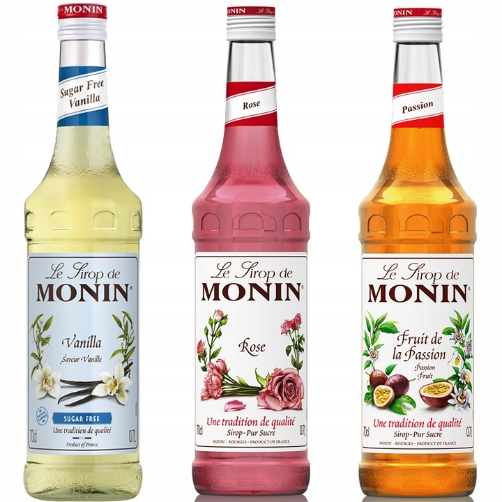 3x Syrop Monin Vanilla Sugar Free, Rose, Passion Fruit Marakuja 700 ml