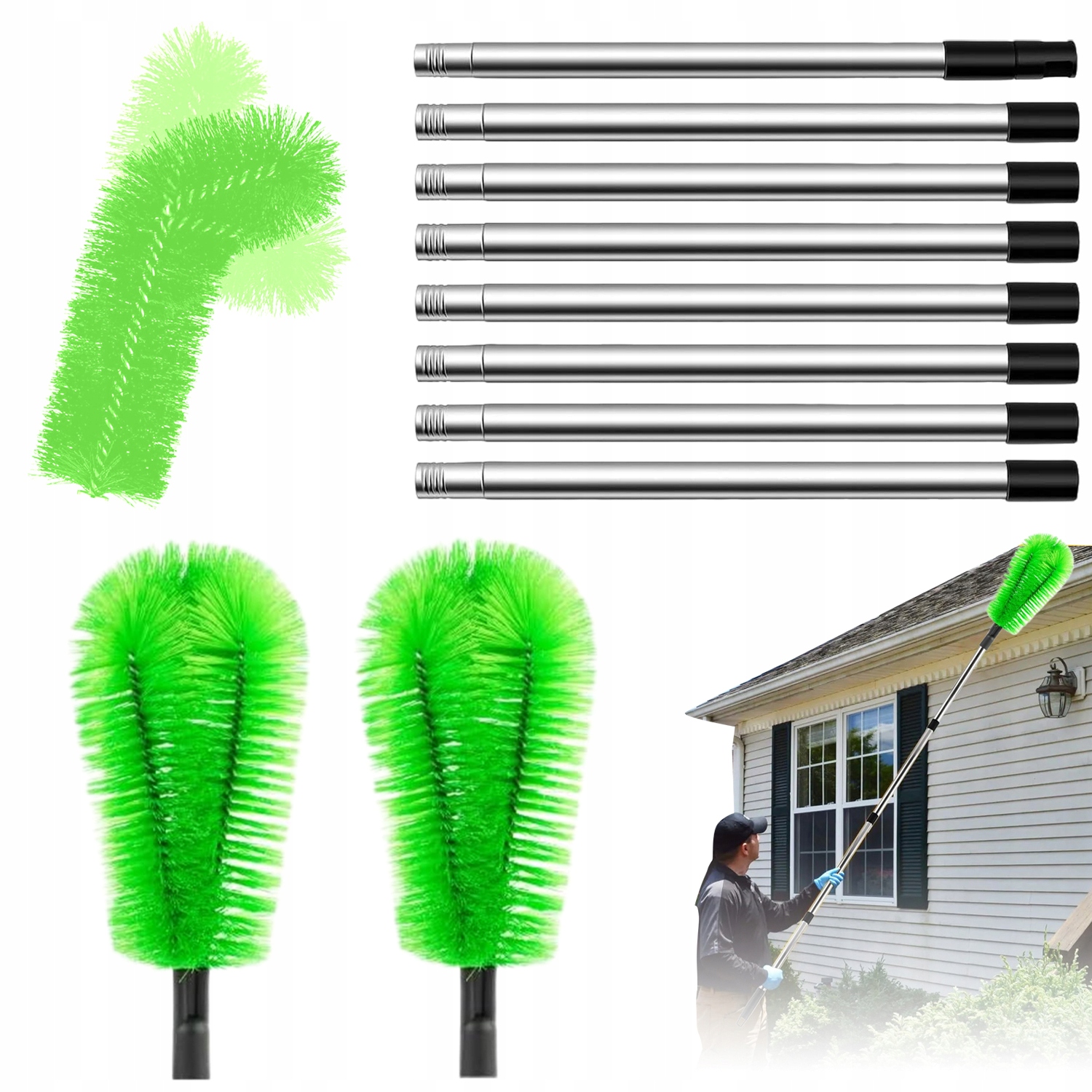 Levně Profesionální Teleskopický Kartáč Na Okapy 310 CM, 2 X Hlavice 8 Segmentů