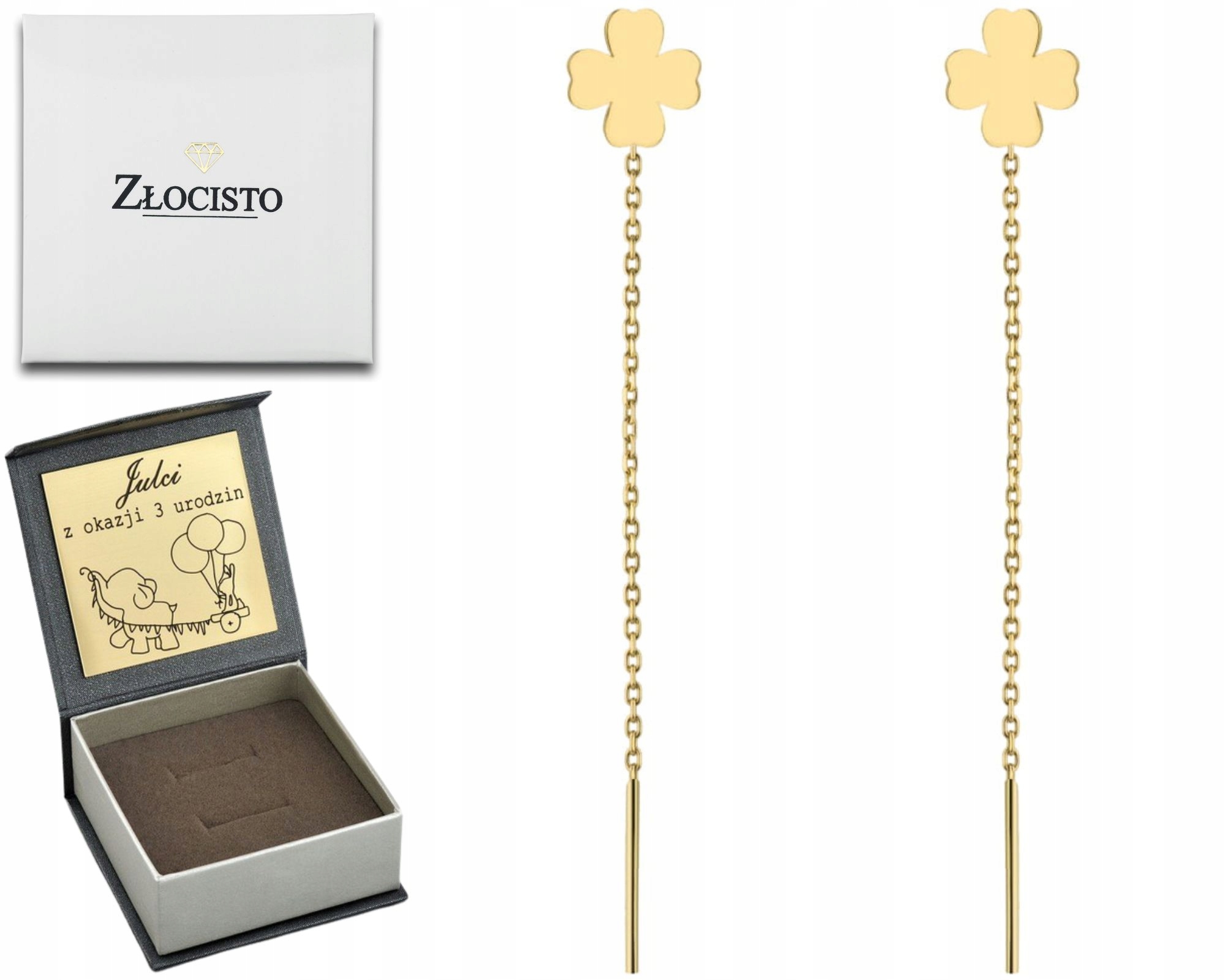 Zlaté Náušnice Plné jetelky pro štěstí Gravírování Závěsné 585