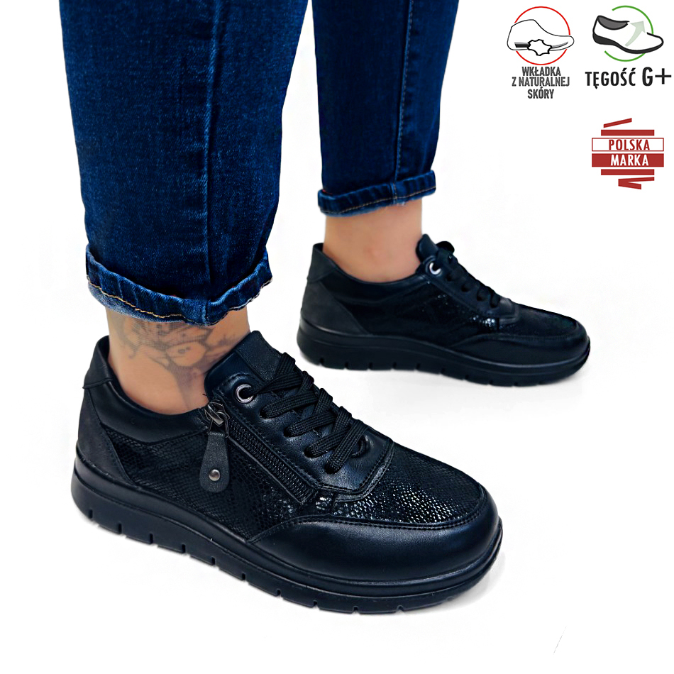 Černé Šněrovací Polobotky Se Zipem, Boty Na Nízkém Podpatku, Kůže, Velikost 38