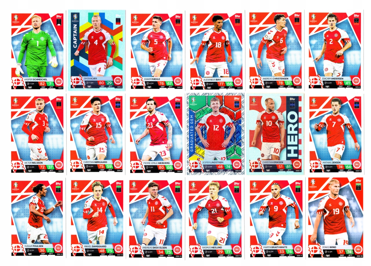 Topps Match Attax Euro 2024 Komplet 18 Kart Den Dania