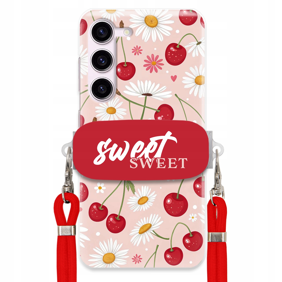 Pouzdro pro Samsung S23 Červené vodítko držák Sweet Sweet Višeň a sedmikráska