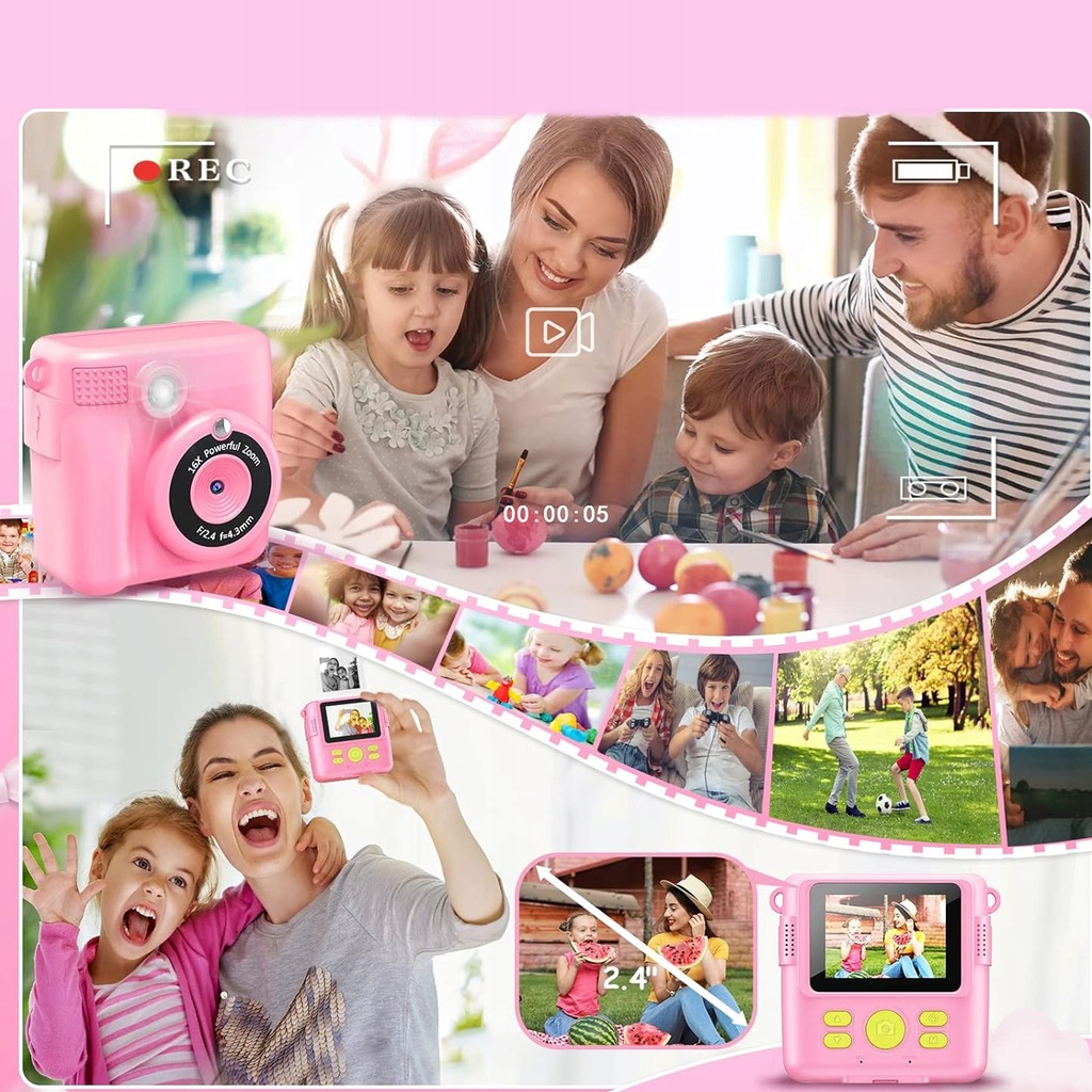 INSTANT CAMERA THERMAL PRINTER 1000MAH + CARTRIDGES Kolor różowy