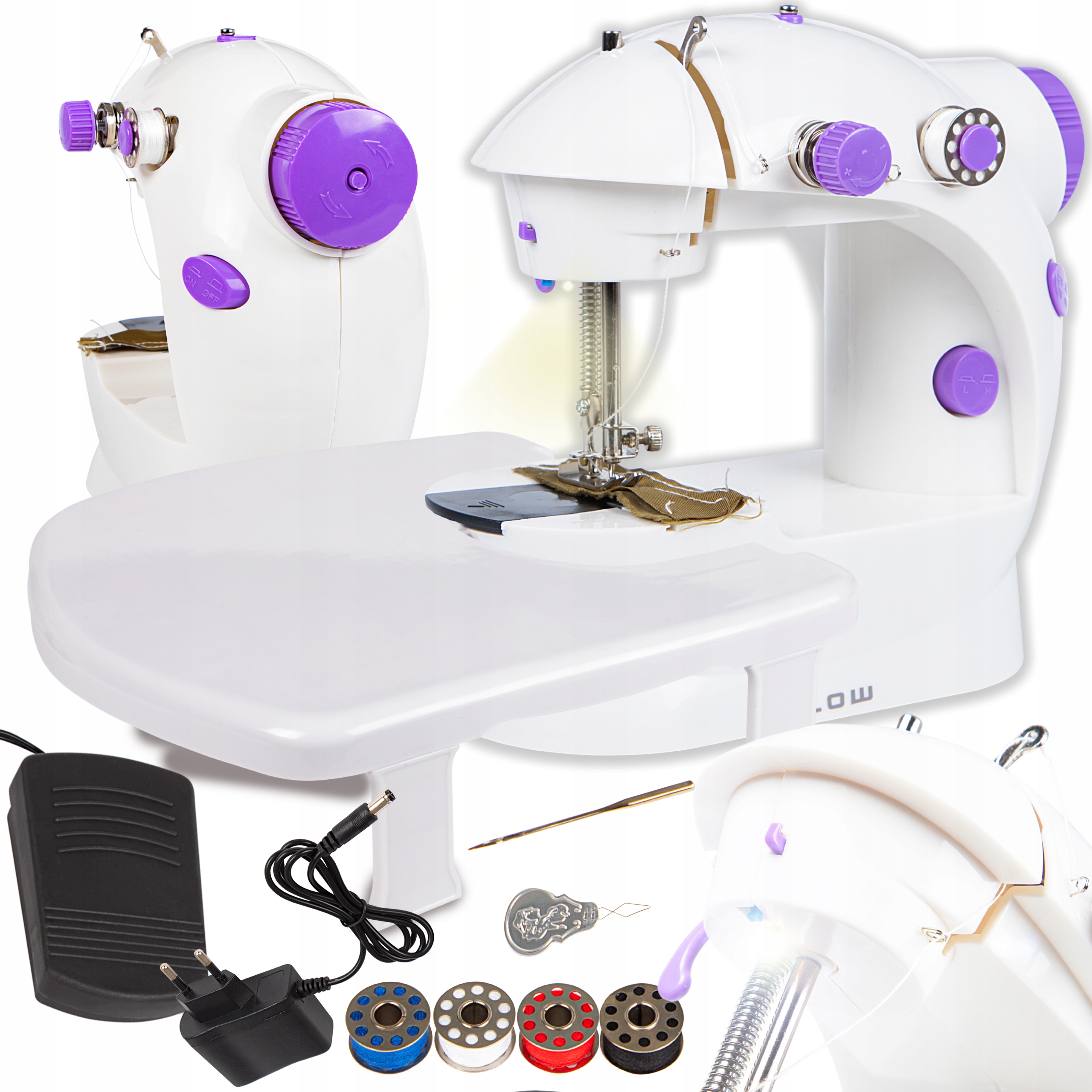 MASZYNA DO SZYCIA PRZENOŚNA MINI PODŚWIETLANA AKCESORIA ZASILACZ + STOLIK