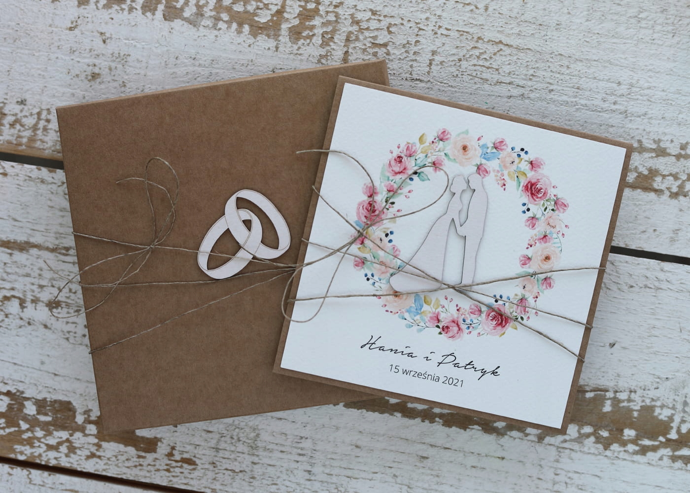 Rustikální kartička na svatba vyrobená ručně s personalizací a přáním