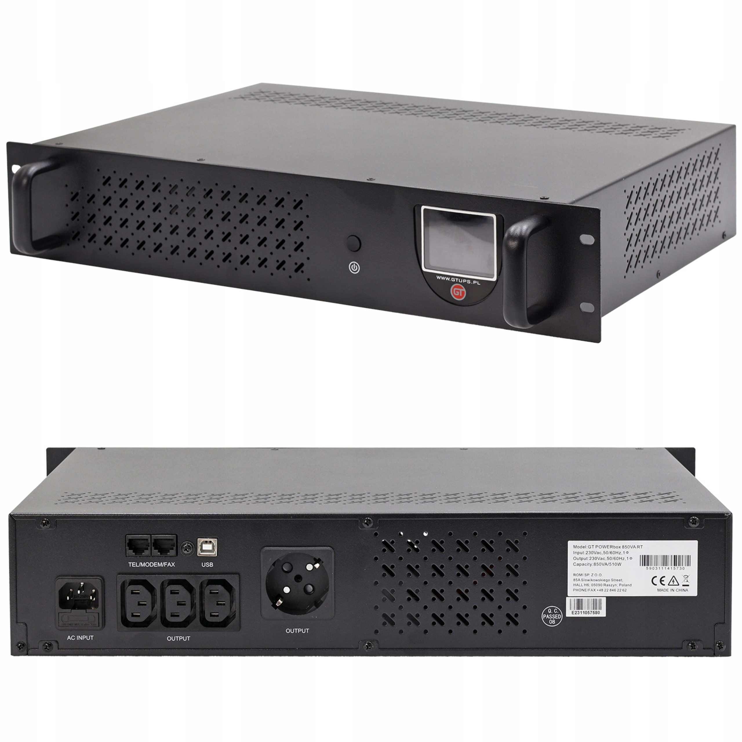 Zasilacz awaryjny Gt Ups 850VA 510W POWERbox Rack 19” 450mm 2U Schuko Iec