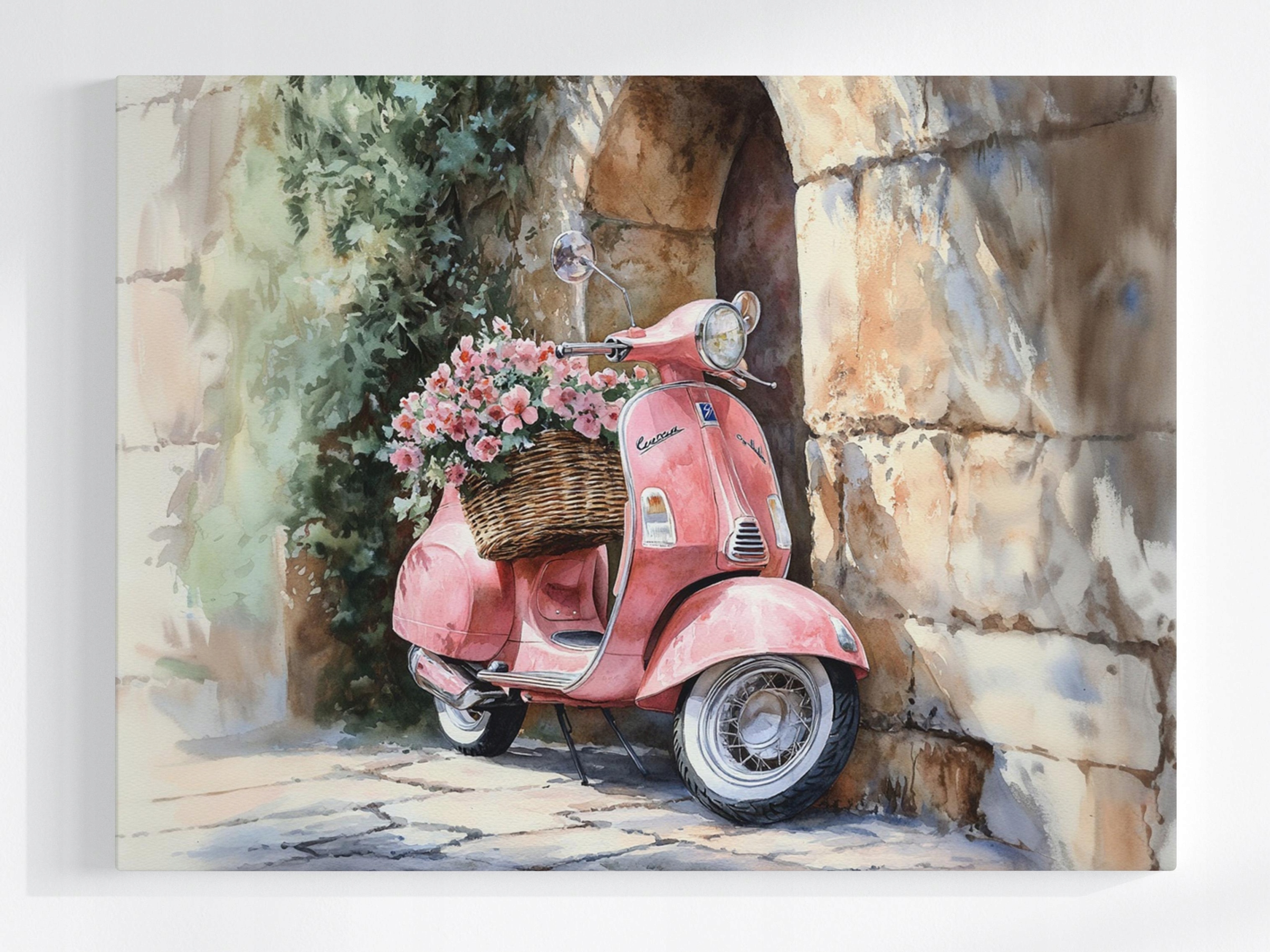 Plakát Růžový Skútr Vespa Květiny Zeď Vintage Retro 100x75